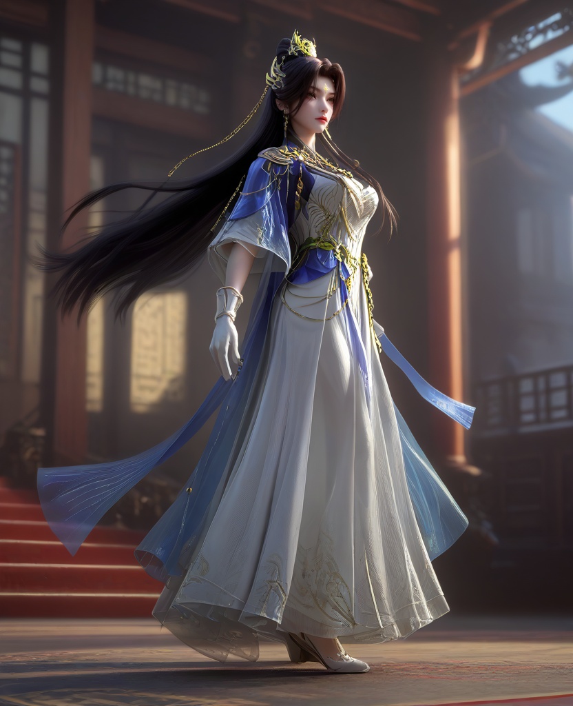 (Poised on tiptoe, one arm arched gracefully above, she epitomizes elegance and discipline in dance:1.1),(large breasts:1.2),<lora:XL16云深不知梦羲和城主服:0.95>,miss xihe,white dress,blue shawl,mole under left eye,forehead mark,black hair,absurdly long hair,traditional chinese updo with long front strands,hair ornament,jewelry,white gloves,blue sheer petticoat,, score_9,score_8_up,score_7_up,score_6_up,score_5_up,score_4_up,3d rendering,tag1,tag2, Cinematic Lighting,backlighting,
