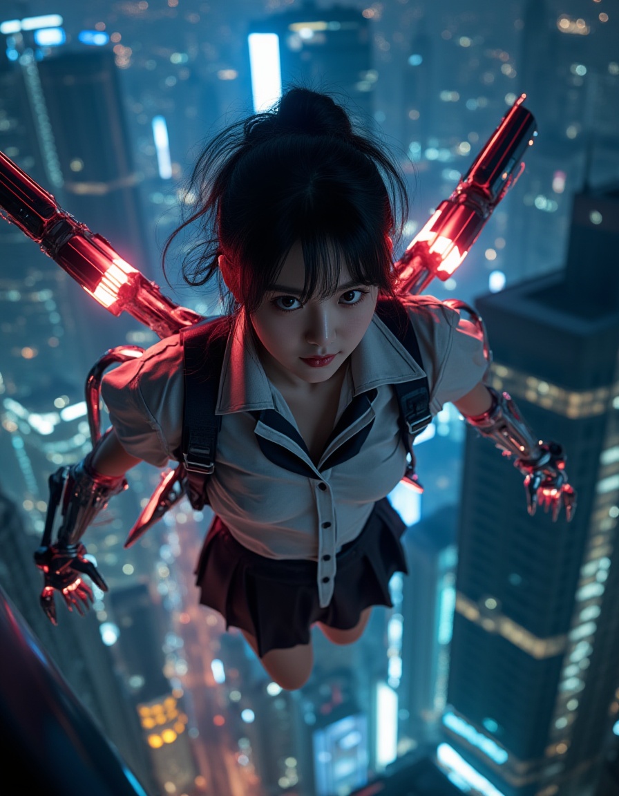 Ultra-realistic Japanese high school girl (JK), cute and slightly sexy, wearing a stylish modified school uniform, fierce demon-like expression, part-cybernetic body, with high-tech mechanical wings and advanced sci-fi weapons attached to her arms and back, glowing mechanical parts, realistic skin textures, flying high above a futuristic cyberpunk city at night, surrounded by neon lights, illuminated skyscrapers, light reflections on glass buildings, cinematic lighting, highly detailed, sharp focus, 8K resolution, photorealism, epic and dramatic atmosphere"