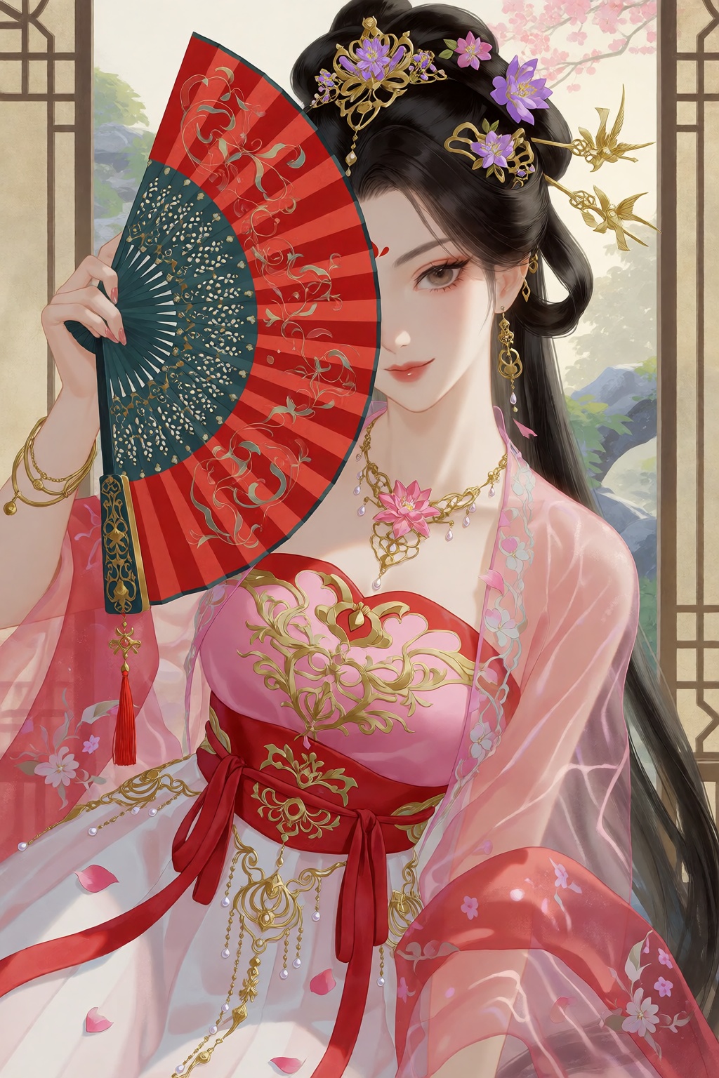 A smirking woman with long black hair,  a red facial marking on her forehead,  and brown eyes poses while holding a large...