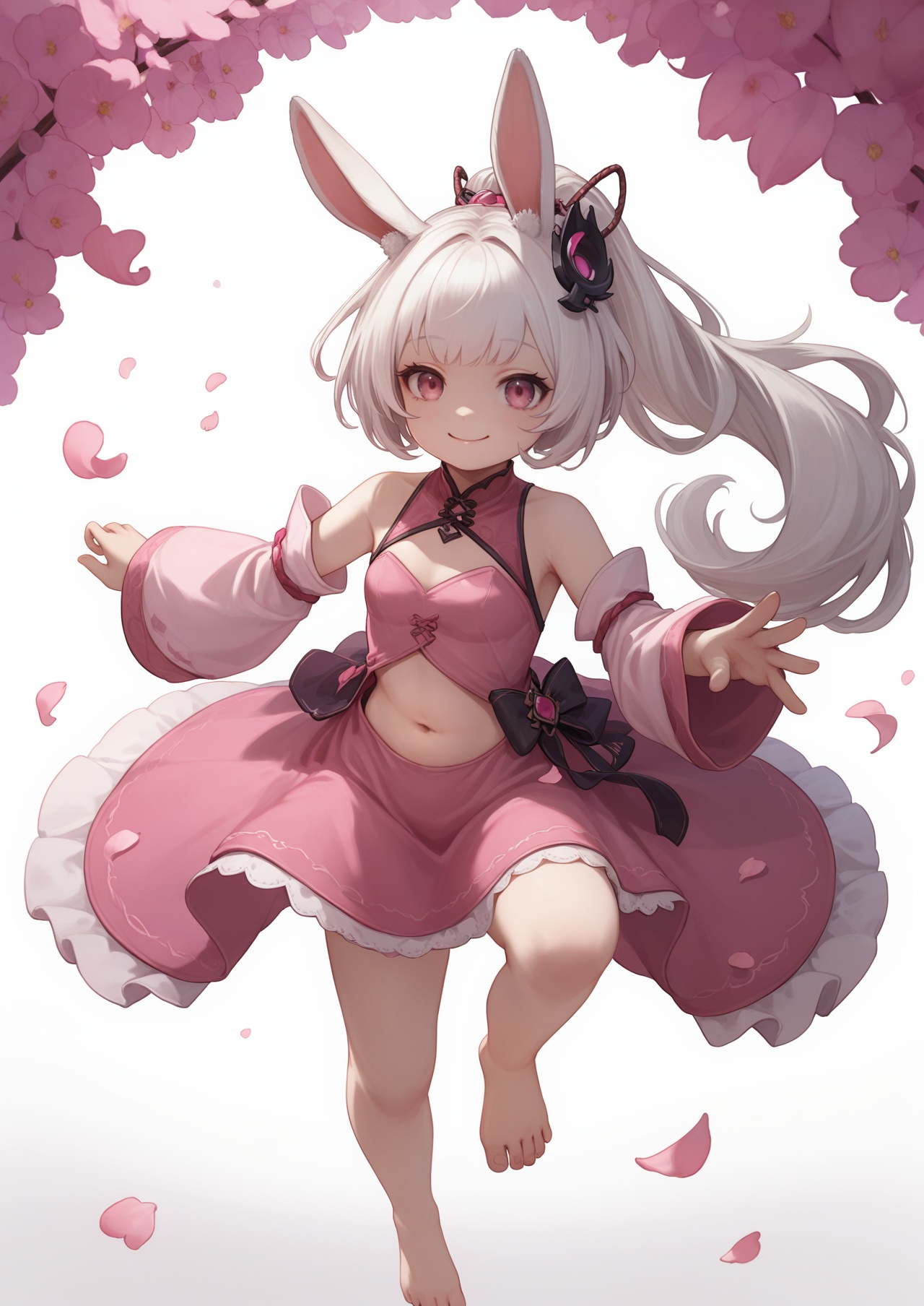 score_10,score_9,score_8_up,score_7_up,1girl,solo,animal ears,rabbit ears,white hair,long hair,dress,ponytail,detached sleeves,petals,hair ornament,pink dress,barefoot,navel,falling petals,pink eyes,smile,white background,looking_at_viewer,eye-contact,