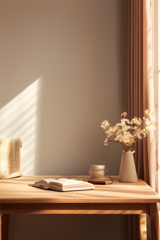 product photography,indoor,suneate,long_table,flower,bed curtain,open book,