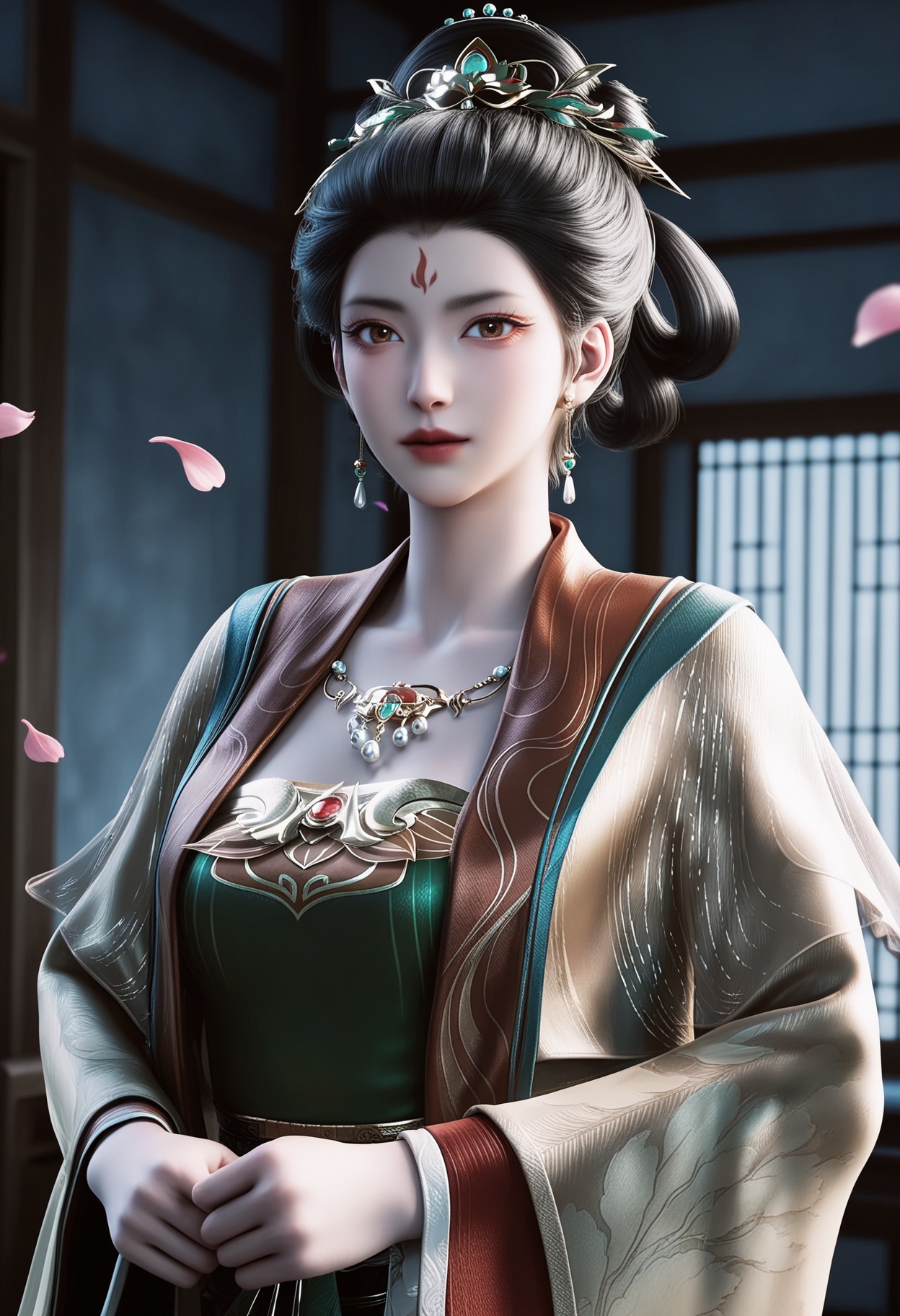 masterpiece,best quality,amazing quality,very aesthetic,high resolution,ultra-detailed,absurdres,scenery,photorealistic,(looking at viewer:1.1),upper body,(Dark room:1.3),(moody lighting:1.1),peach blossom,falling petals,(large breasts:0.8),dalitaihou,1girl,solo,black hair,jewelry,earrings,chinese clothes,hair ornament,forehead mark,realistic,necklace,hair bun,dress,long sleeves,updo,hanfu,hair rings,brown eyes,makeup,wide sleeves,shoes BREAK photorealistic details,<lora:QQSilldalitaihouV1:0.8>,