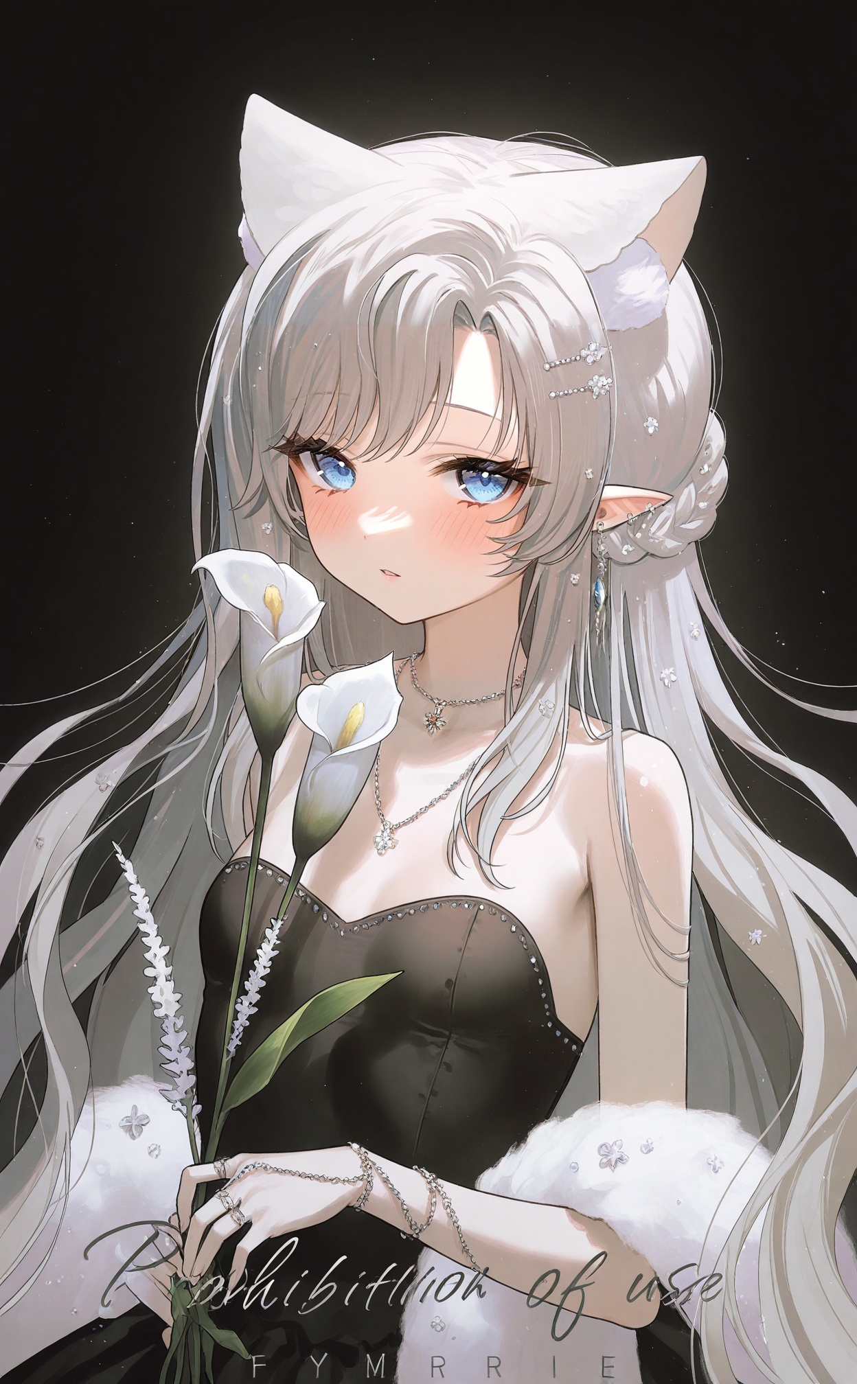 masterpiece,absurdres,best quality,loli,petite,high quality,//,1girl,animal_ears,solo,flower,dress,pointy_ears,holding,holding_flower,long_hair,black_dress,strapless_dress,black_background,white_flower,strapless,jewelry,necklace,blush,looking_at_viewer,bare_shoulders,breasts,blue_eyes,shawl,animal_ear_fluff,watermark,upper_body,white_hair,very_long_hair,braid,hair_ornament,earrings,hairclip,feather_boa,grey_hair,cat_ears,extra_ears,parted_lips,medium_breasts,ring,simple_background,sample_watermark,bracelet,//,<lora:FymriE——【noob】hans:1>,