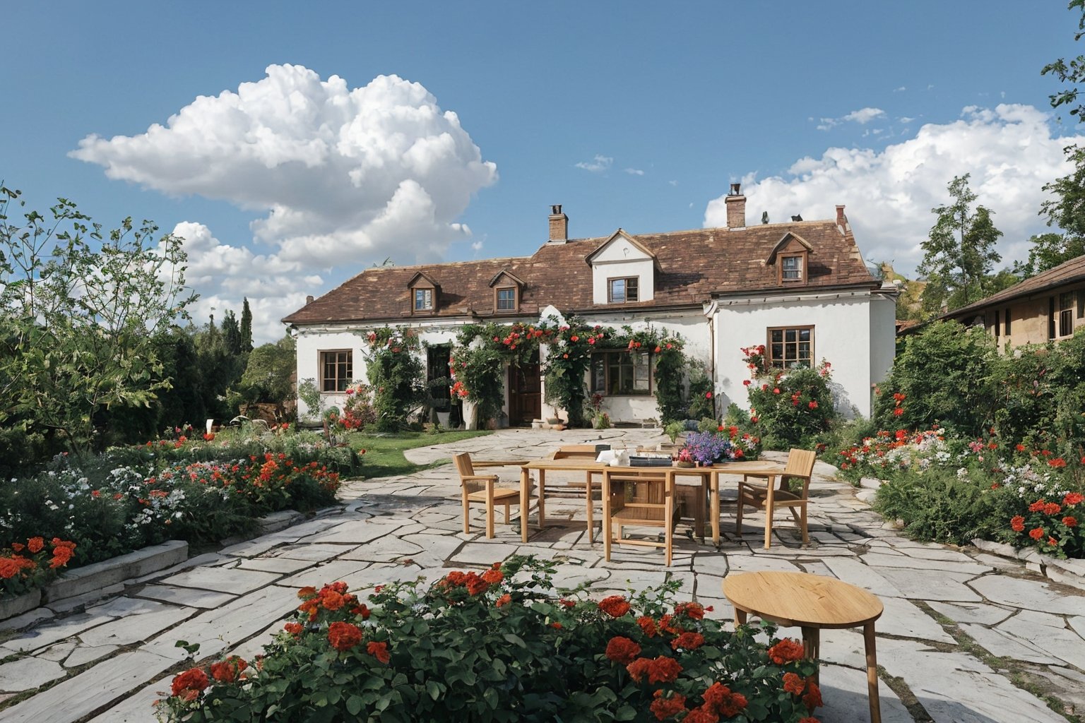 Villa, lots of blooming roses, outdoor, sky, sky, clouds, trees, blue sky, no people, leaves, chairs, grass, plants, red flowers, architecture, landscape, doors, potted plants, shrubs, house, garden, HD, 16k, garden design