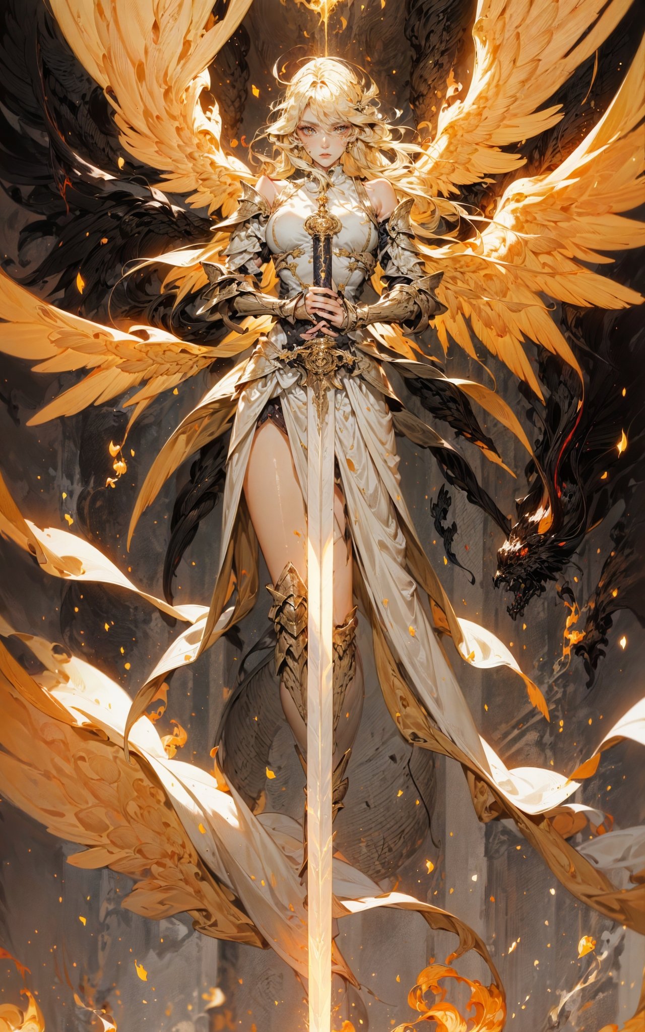 angel,  Super powerful flame angel flies out of the clouds,  behind him is golden meteor magic surrounding his body on Ten...