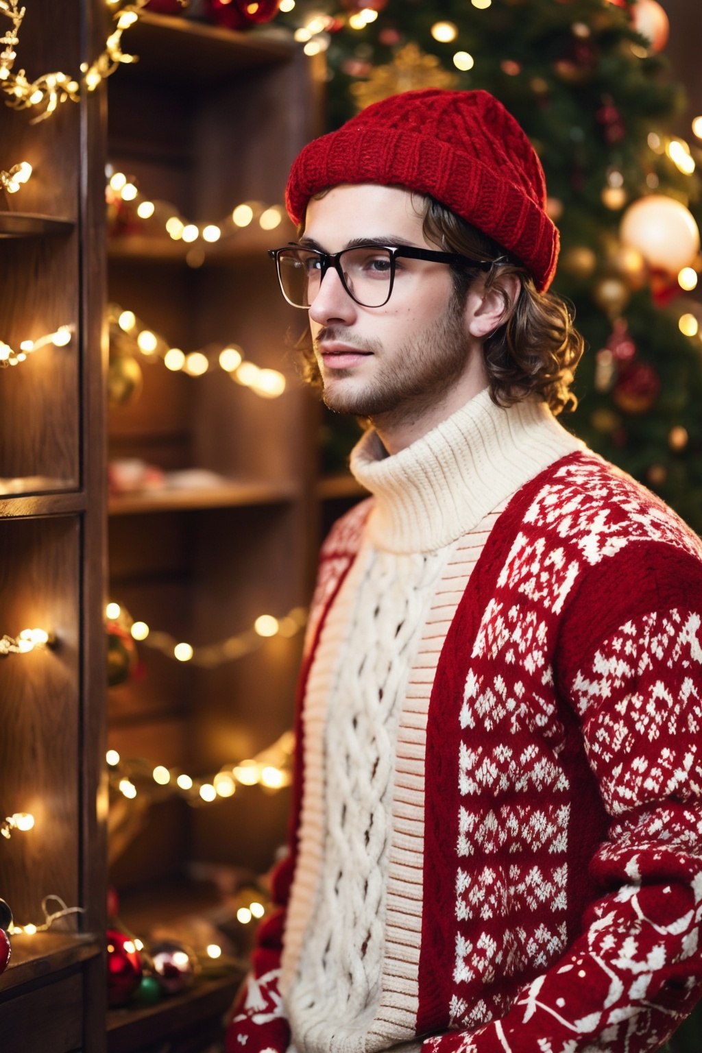 1boy, Europeans, A young man with wavy hair and glasses is illuminated by warm lights, wearing a red and patterned sweater and a unique hat. The background is filled with festive decorations, and he seems to be lost in thought or admiring the surroundings, masterpiece,best quality,
