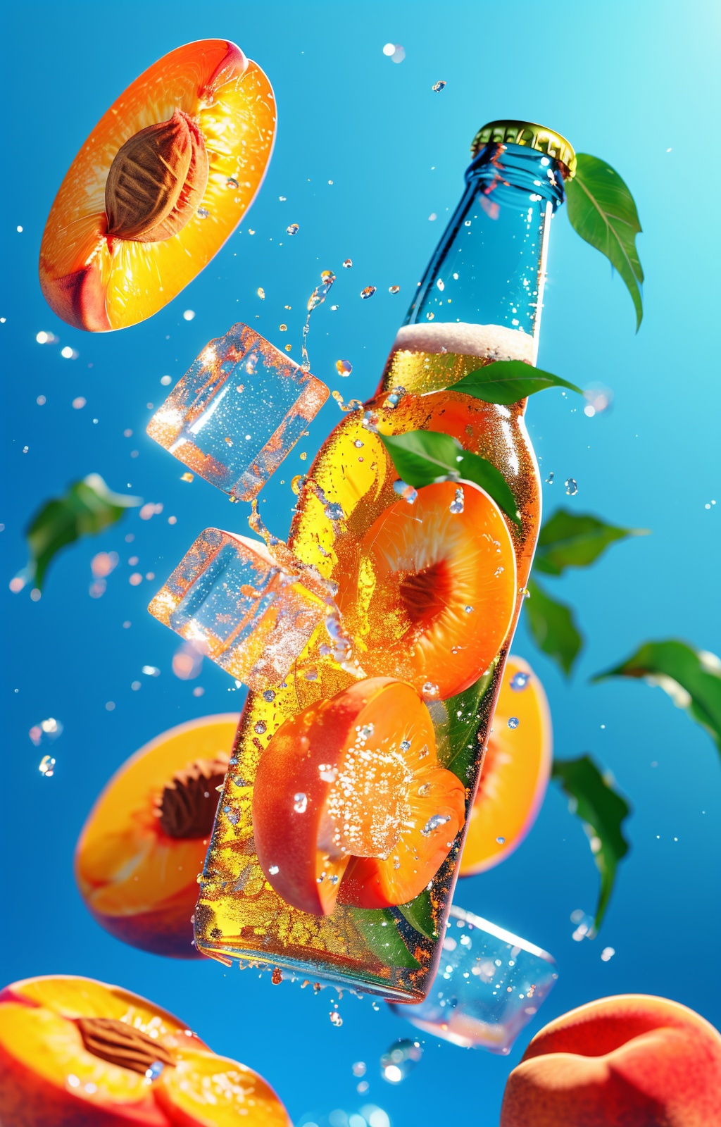 pijiuzz, no humans, beer bottle, depth of field, peaches, ice, water droplets, ice cubes, and peach slices collide around the product against a blue background, with juice surrounding the fruity beer bottle, providing a high sense of realism and meticulous style, with bright colors,<lora:pijiupz:1>,