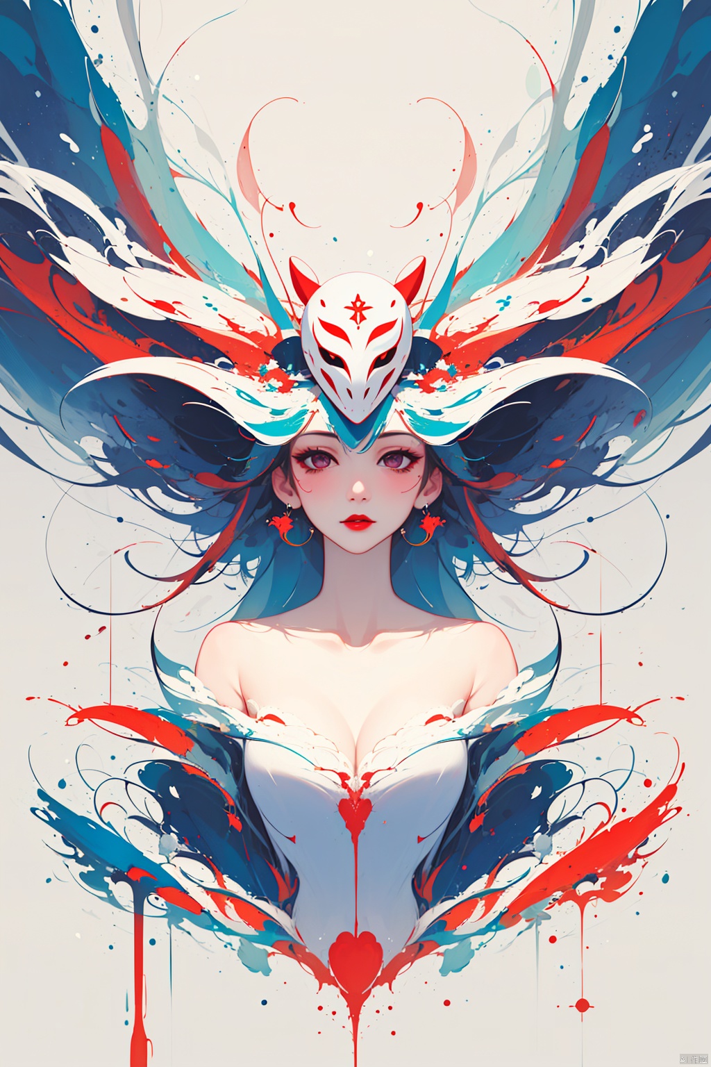 asterpiece, best quality, ultra high res, (extreme detailed), (1 beautiful girl), (abstract art:1.4), bleeding white, visually stunning, beautiful, evocative, emotional, ((white background)), white theme, goddess, cloud, mask, meiren-red lips, bpwc<lora:EMS-324071-EMS:0.100000>