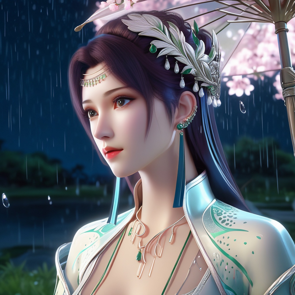 <lora:786-DA-XL-斗破苍穹-云韵-绿服:0.8>, (,1girl, ,best quality, ),looking at viewer, ,ultra detailed 8k cg,            cinematic lighting, cinematic bloom, (( , )),,  , unreal, science fiction,  luxury, jewelry, diamond, pearl, gem, sapphire, ruby, emerald, intricate detail, delicate pattern, charming, alluring, seductive, erotic, enchanting, hair ornament, necklace, earrings, bracelet, armlet,halo,masterpiece, (( , )),,  ,cherry blossoms,(((, night,night sky,,  ultra high res, (photorealistic:1.4), raw photo, 1girl, , rain, sweat, ,wet, )))(( , ))   (cleavage),kneeling,  butterfly,