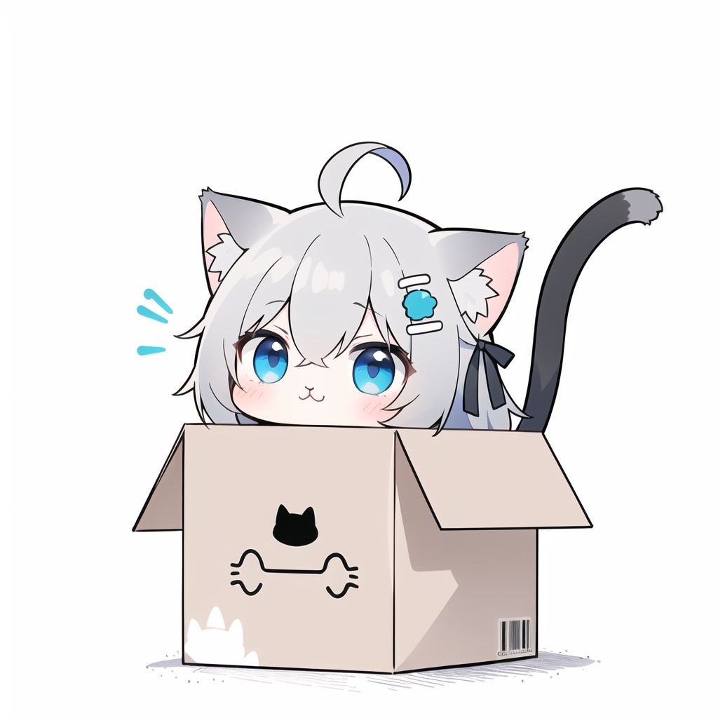 1girl, in container, animal ears, tail, in box, cardboard box, solo, box, blue eyes, ahoge, cat ears, chibi, cat tail, white background, ribbon, :3, hair ornament, hair ribbon, grey hair, black ribbon, cat girl <lora:Qtea:1>