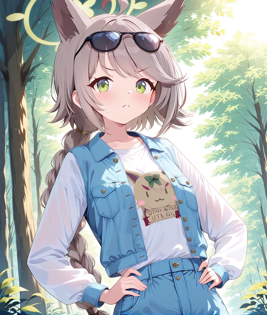 O,ultra detailed anime texture,Otogi(blue archive),Otogi(blue archive),1girl, solo, green eyes, hands on hips, animal ears, sunglasses, shirt, ahoge, eyewear on head, looking at viewer, outdoors, white shirt, long hair, denim, braid, closed mouth, tree, long sleeves, blush, bangs, single braid, open clothes, day, pants, forest, nature, v-shaped eyebrows, brown hair, halo, collarbone, frown, grey hair, jacket, denim jacket, vest,(UHD),accurate,super detail,award winning,high quality,best quality,high details,textured skin,anatomically correct,retina,HD,16k,