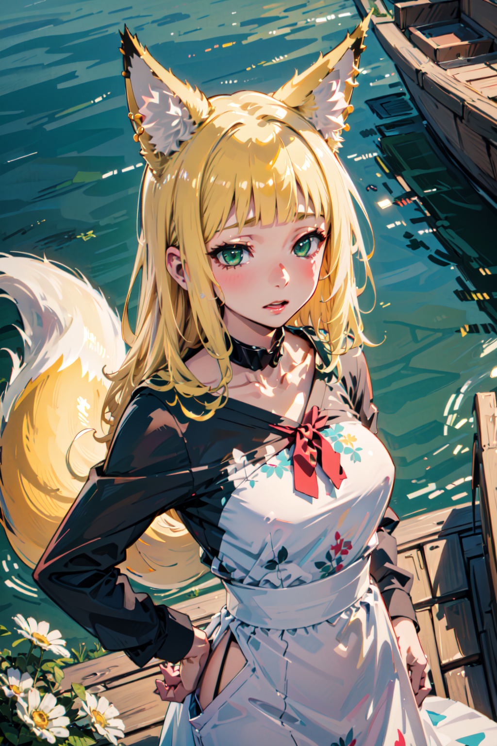 <lora:Haruhime-000014:0.8>,Haruhime cyql,1girl,looking at viewer,solo,animal ears,fox ears,blonde hair,long hair,blunt bangs,green eyes,tail,collar,fox tail,large breasts,(light_blush:1.2),beautiful face,beautiful eyes,glossy skin,shiny skin,Tie-dye midi dress with a smocked bodice,(upper_body,from_above,jumping:1.2),hands on hips,Lake, Boat, Noon sun, Blue sky, Gentle breeze, Relaxation,Daisies,beautiful detailed sky,beautiful detailed glow,(masterpiece, best quality, beautiful and aesthetic:1.3),