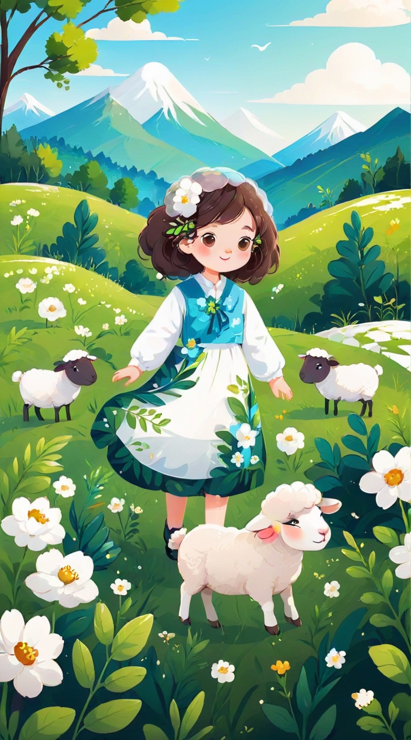 Cute flat cartoon illustration style,1sheep,full body,Grassland scenery background,flower,leaf,plant,white flower,white clothes,white hands