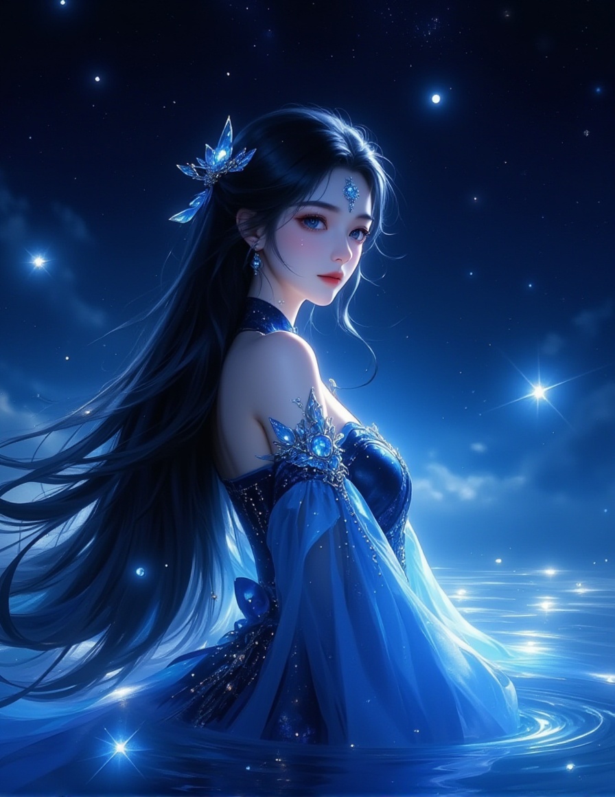 A digital illustration shoot from a profile camera angle about a beautiful asian woman with long black hair and blue eyes,wearing a blue and black dress,standing in the middle of the image. the woman appears to be a young *****,with a calm and serene expression,looking directly at the viewer with her blue eyes. her hair is styled in a long,flowing fashion,and she is adorned with a blue gem on her forehead. she is dressed in a blue dress with a high collar and intricate details,and her bare shoulders and medium-sized breasts are visible. the background is a dark,starry night sky with floating light effects,creating an ethereal atmosphere. the image is highly detailed and has a dreamy,ethereal quality.,1girl,long hair,solo,upper body,blue eyes,hair ornament,water,dress,black hair,closed mouth,earrings,from side,jewelry,looking at viewer,<lora:动漫美女1 (1):1>,