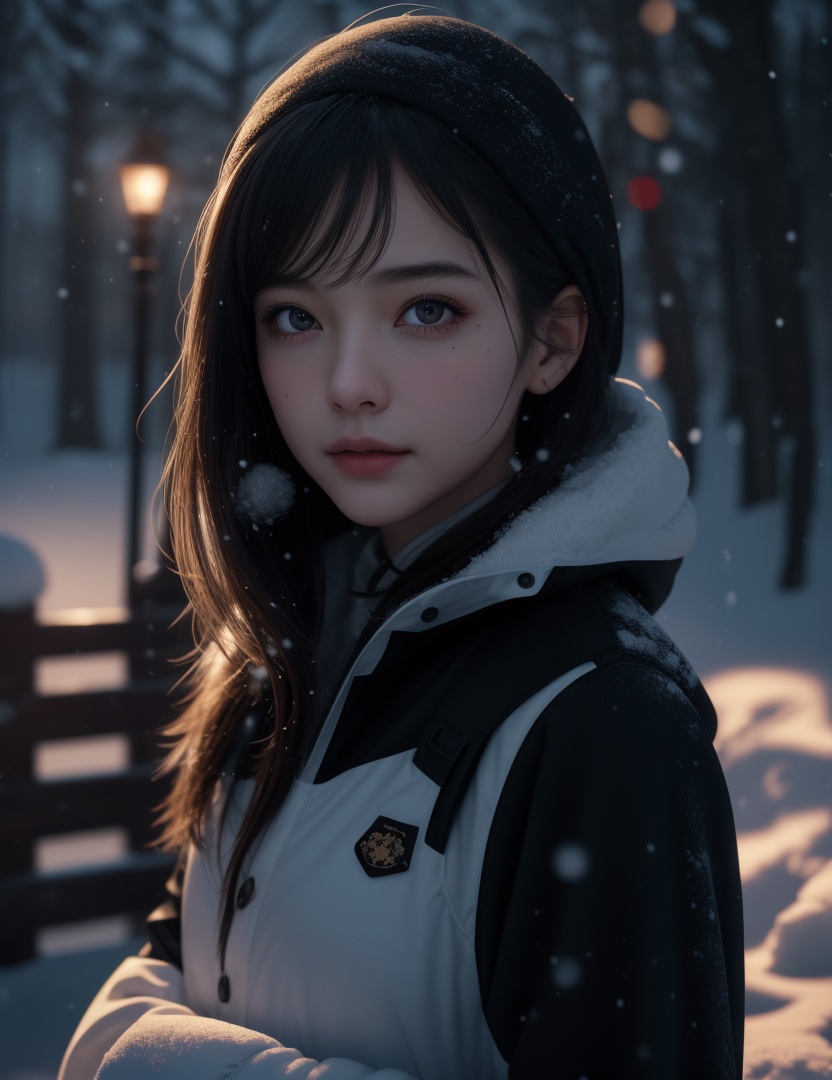 (,1girl, ,best quality, ),looking at viewer,masterpiece, (( , )),, realistic,science fiction,mole, ultra realistic 8k cg, ,outdoors, snow, snowing,