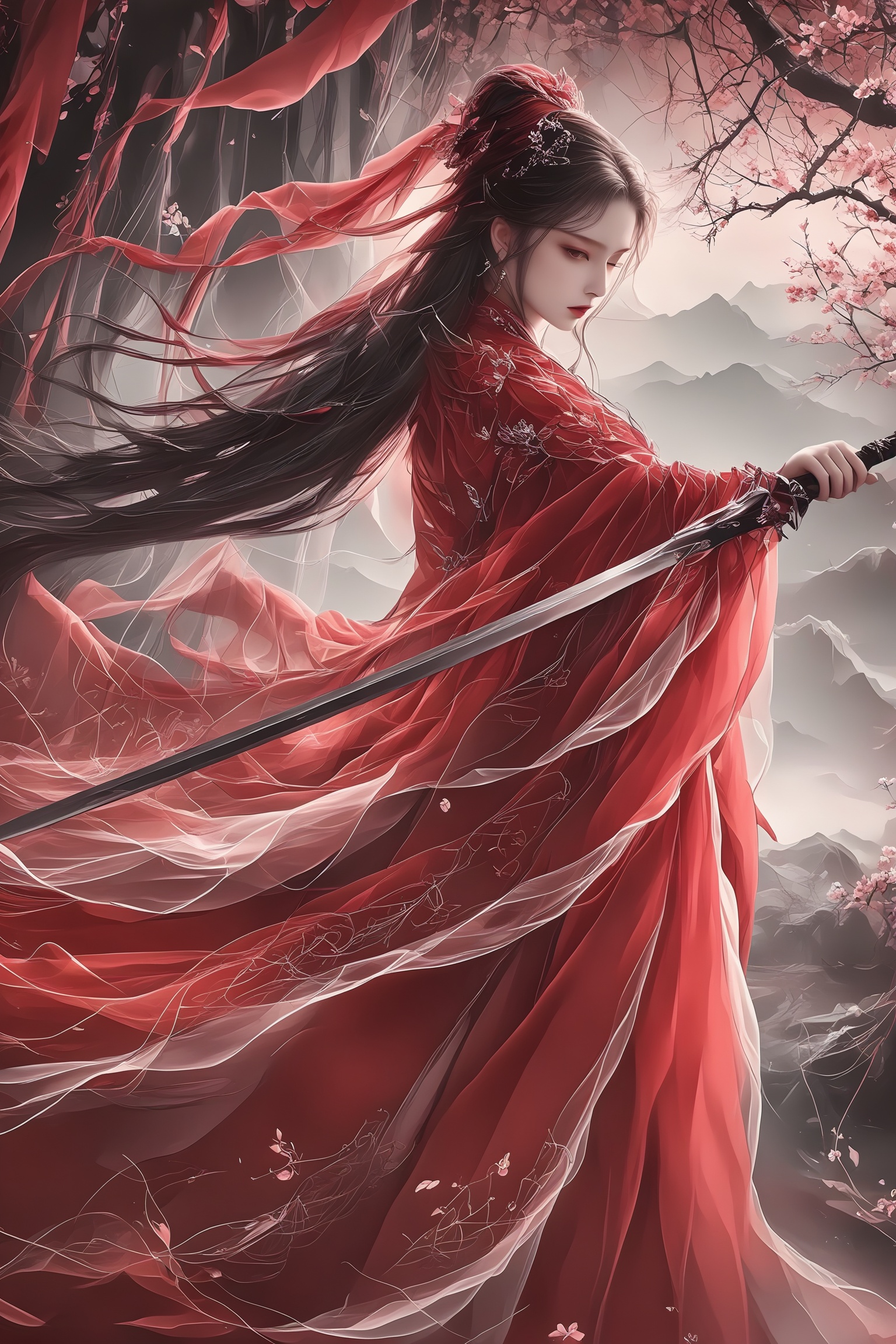 renzu,The image depicts a woman dressed in a flowing red gown, holding a sword. She is surrounded by a dramatic, ethereal atmosphere, with vibrant red ribbons and cherry blossoms in the background. The scene exudes a sense of elegance and mystique, with the woman's long hair and intricate attire adding to the overall aesthetic. The lighting creates a soft, glowing effect, enhancing the beauty and grace of the character.