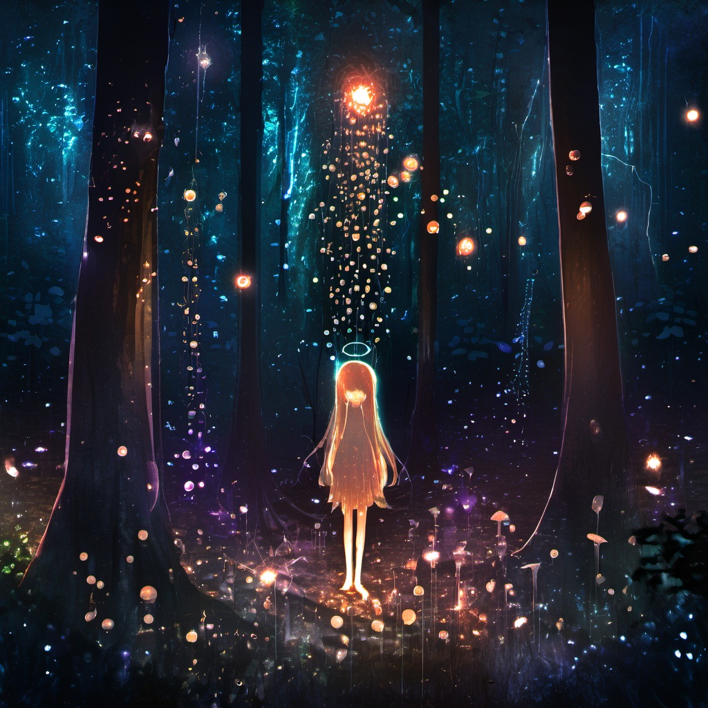 <lora:star_xl_v1:1>,The image portrays a mystical and ethereal forest scene at night. The forest floor is illuminated by a myriad of glowing orbs, some of which resemble fireflies, while others have a more luminescent quality. These orbs cast a soft, radiant light that contrasts with the darker shadows of the trees and foliage. In the center of the image, there's a tall, glowing figure with long, flowing hair, standing amidst the orbs. The figure appears to be made of a translucent material, allowing the light to pass through it. The overall ambiance of the image is serene, magical, and otherworldly., forest, nocturnal, glow, orbs, fireflies, radiant light, glowing, luminescent, figure, translucent, ambiance