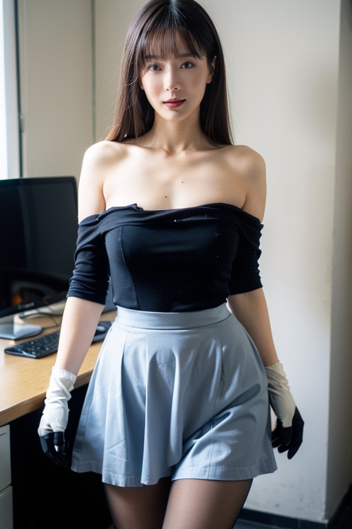 1 Girl, Solo, Small Bag, Long Hair, Gloves, Sexy Dress, Dazed, Looking at the Audience, Black Hair, Gloves, Lips, Bare Shoulders, Realistic, Upper Body, Parted Lips, Brunette, Collarbone, Nikon Camera, Natural Light, Super High Quality, Best Works, chang,long sleeves,beautifull huge boobs, chunyu, black dress, shidudou,pantyhose, (china dress), skirt_lift,*****,dripping, office lady,pencil skirt, blue dress ,see-through,(skirt lift:1.5),  , 