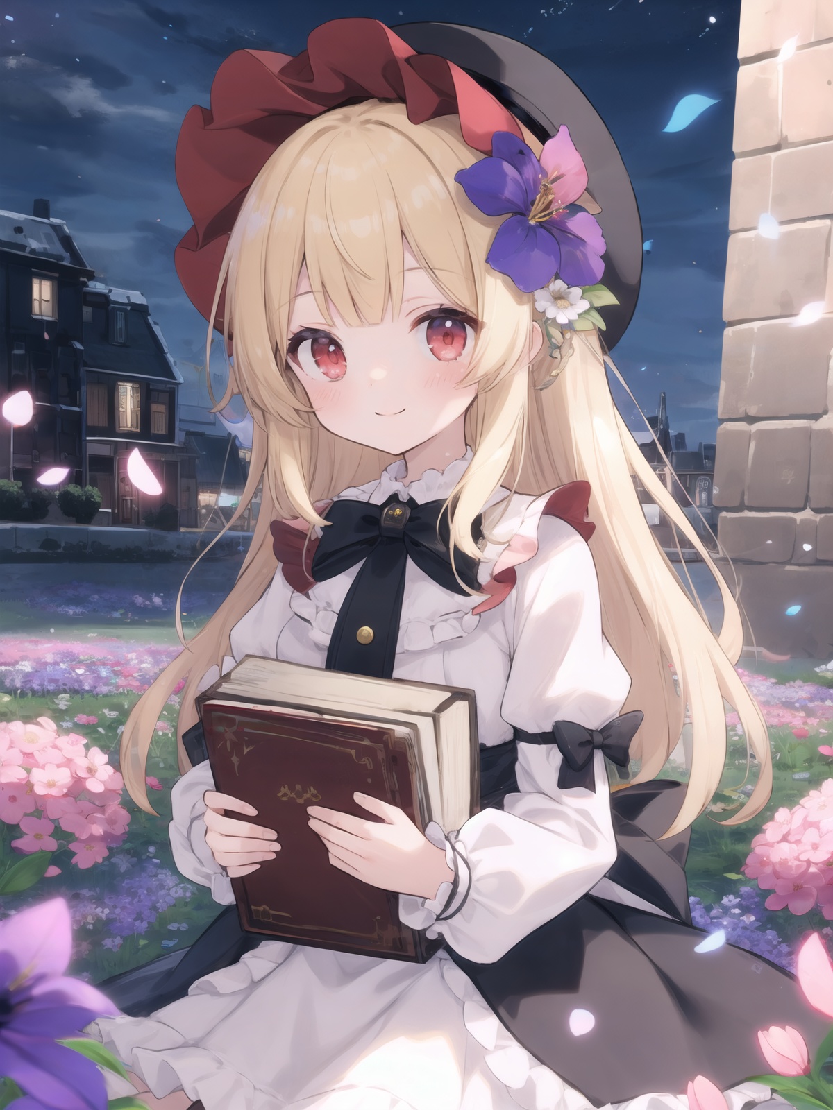 night,1girl,solo,long_hair,looking_at_viewer,blonde hair,red eyes,smile,bangs,skirt,shirt,long_sleeves,hat,dress,bow,closed_mouth,flower,frills,hair_flower,petals,bouquet,center_frills,bonnet,holding_book,flower field,lens flare,depth of field,dutch angle,, (masterpiece,best quality,ultra_detailed,highres,absurdres:1.2)