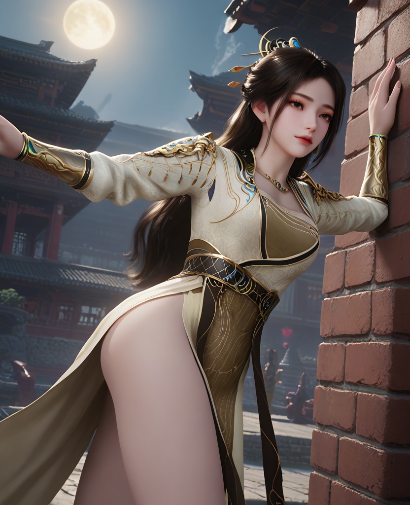 (oriental architecture, elegant decor, sophisticated style:1.1),(Leaning against a brick wall, one leg slightly bent, looking relaxed,:1.1),(breasts:1.2),<lora:XL16遮天姚曦:0.95>,miss yaoxi,solo,yellow high slit dress,brown eyes,eyeshadow,black hair,hair ornament,long hair,hair bun,brown bra,necklace,jewelry,belt,thigh,brown pelvic curtain,vambraces,pauldrons,, score_9,score_8_up,score_7_up,score_6_up,score_5_up,score_4_up,3d rendering,tag1,tag2, Cinematic Lighting,backlighting,