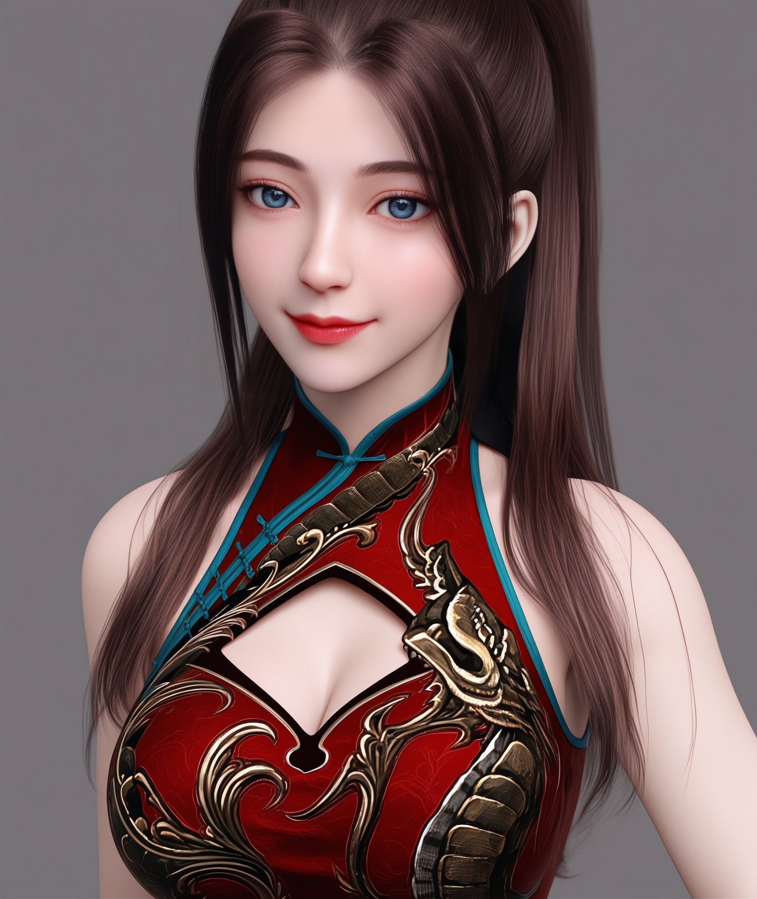 (score_9),masterpiece,best quality,absurdres,highres,upper body,(white_skin),(Ivory_skin),light_skin,BREAK1girl,solo,<lora:唐紫尘-ill-000009:0.82>,htzc,igh ponytail,long hair,brown hair,blue eyes,light smile,(looking at viewer,front view),light blush,bare shoulders,clothing cutout,cleavage cutout,bracelet,china dress,(red_china dress),(large teardrop breasts),(large breasts),BREAK(Cinematic Lighting:1.1),simple background,