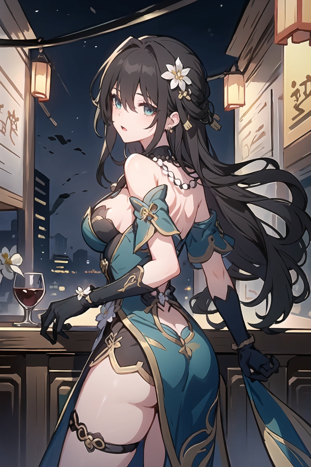 masterpiece,best quality,detialed,ruanmei,ruanmei_official,chinese dress,breasts,long hair,hair between eyes,black hair,bangs,medium breasts,cleavage,hair ornament,thigh strap,white flower,beads,gloves,jewelry,flower,dress,earrings,bare shoulders,blue dress,hair intakes,ruby necklace,black choker,green eyes,blue eyes,<lora:阮梅-0.8-逐辰十七:0.8>,1girl,in a bar,lineart,Spit take,from behind,in the street,night sky,