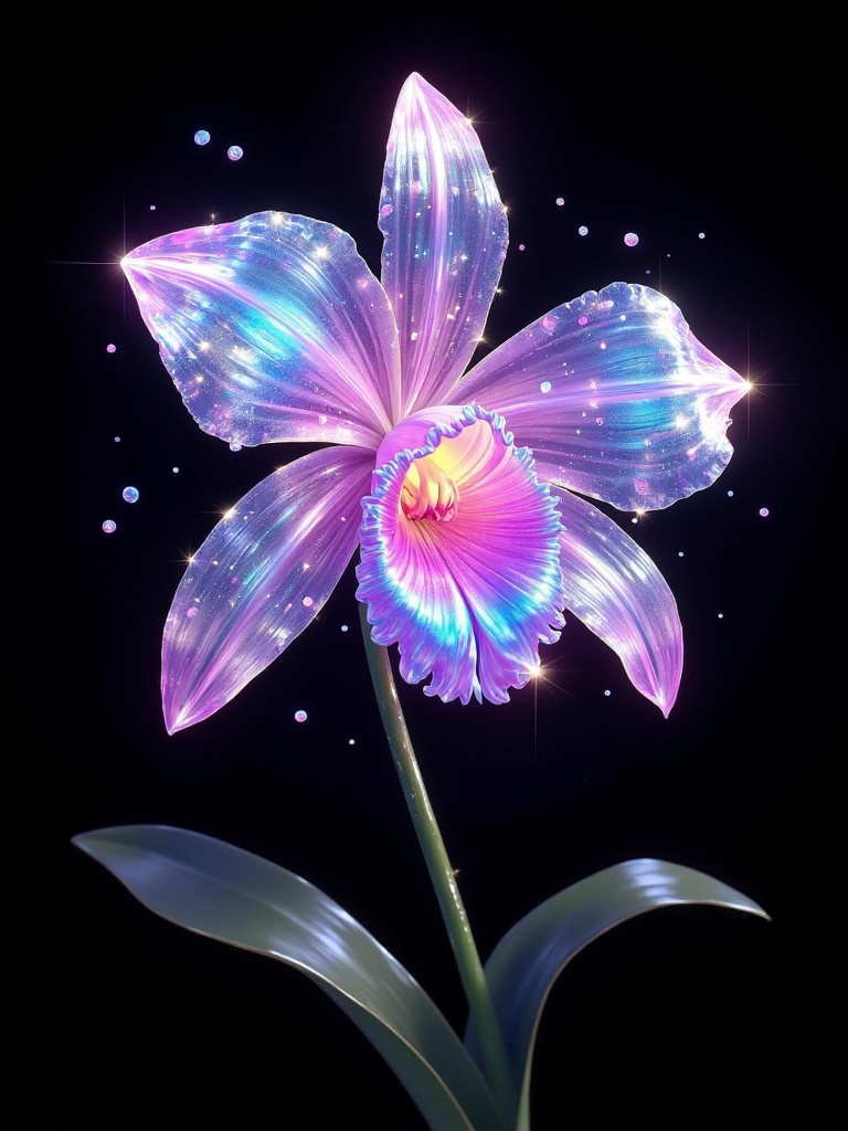 A 3D holographic orchid bloom with transparent petals revealing internal cellular structure,  stamens glowing with energy,...