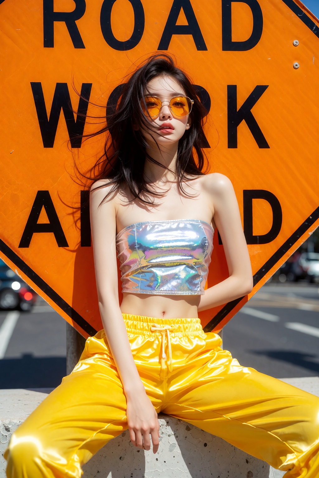 an East Asian woman,  a vibrant and high-key outdoor shot of a woman sitting against a bright orange "ROAD WORK AHEAD" sig...