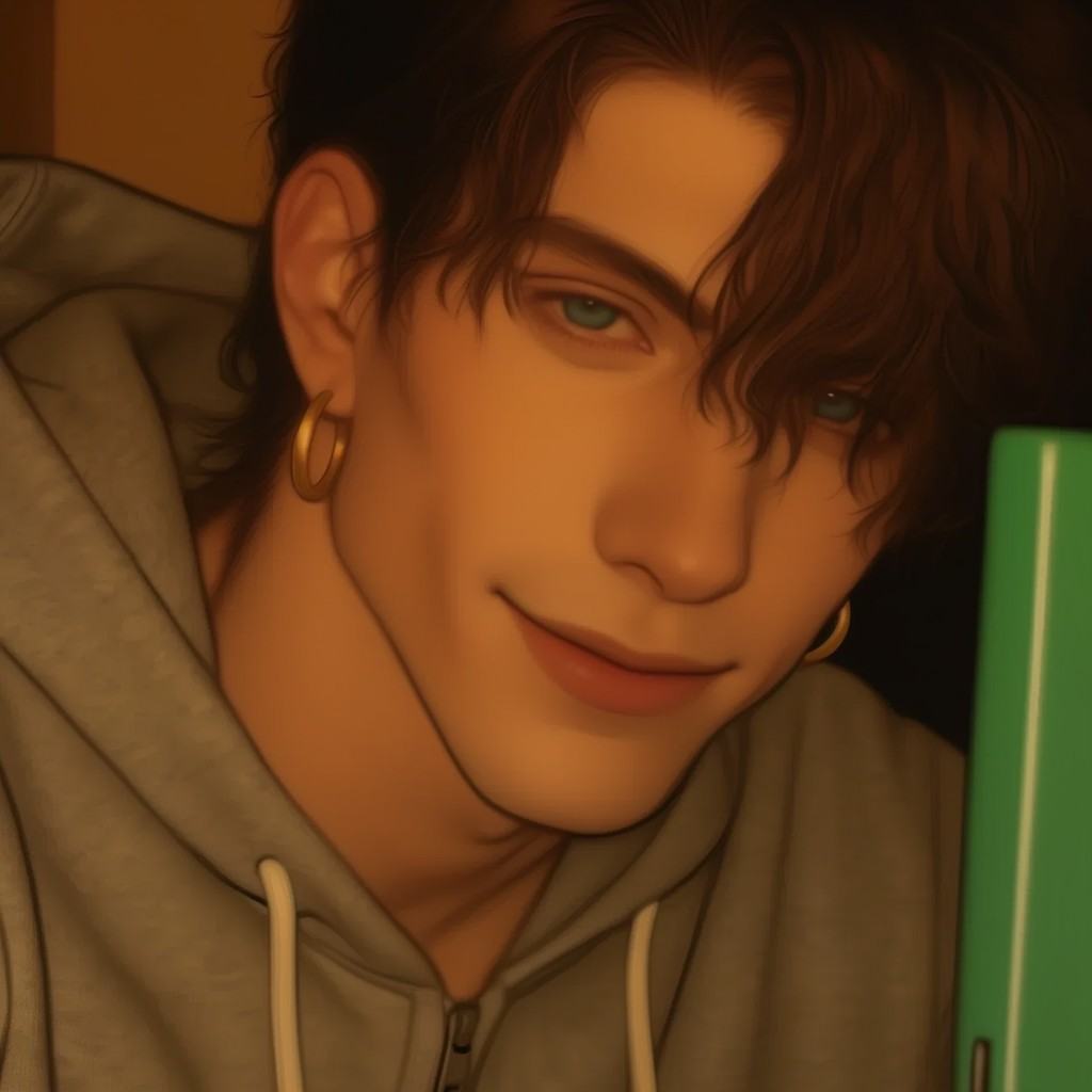 This is a digital portrait of a young,  androgynous man with a slightly muscular build and a soft,  confident smile. He ha...