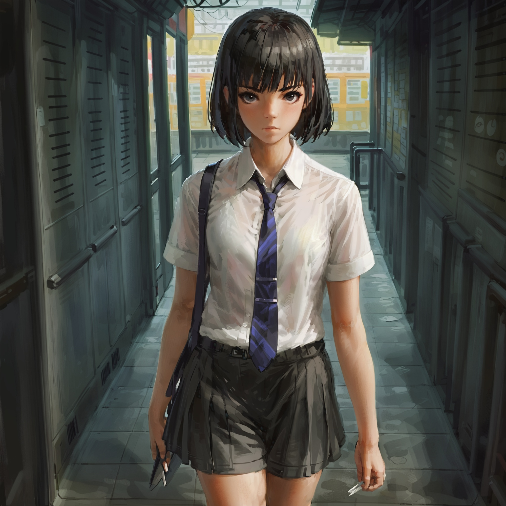 1girl,solo,black hair,short hair,white shirt,school uniform,walk to school,short sleeve,necktie,