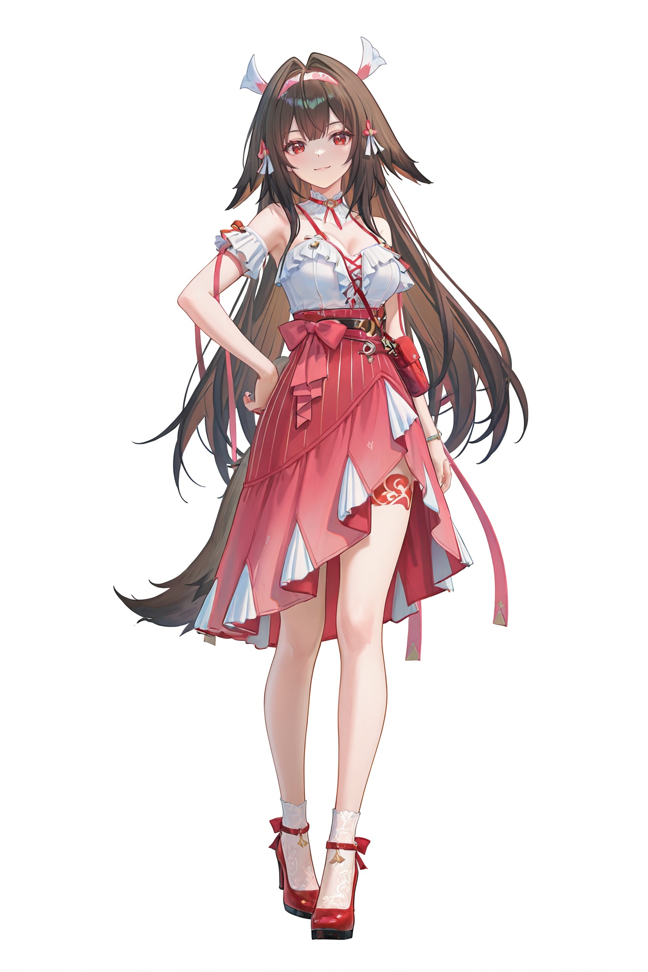 8k,best quality,masterpiece,(ultra-detailed),(high detailed skin),((artist:reoen),(artist:fuzichoco),(artist:atdan),(artist:torino_aqua),year 2024:0.8)1girl,[artist:wlop],[artist:ningen_mame],artist:ciloranko,[[artist:rhasta]],artist:tidsean,colorful,full body,full shot,standing,(solo:1.2),simple background,(white background:1.2),hand on own hip,(white background:1.1),looking at viewer,<lora:Ye_Shunguang-noob-Tanger-000014:0.8>,Ye Shunguang \(Zenless Zone Zero\),brown hair,brown animal ears,a red left thigh band tattoo,clothes: guang pink skirt,guang white corset-style top,guang white detached armlets,red wrapping ribbons,guang white and pink hairband,red hair ribbons,1girl,long hair,breasts,smile,red eyes,red footwear,guang red small crossbody bag,high heels,