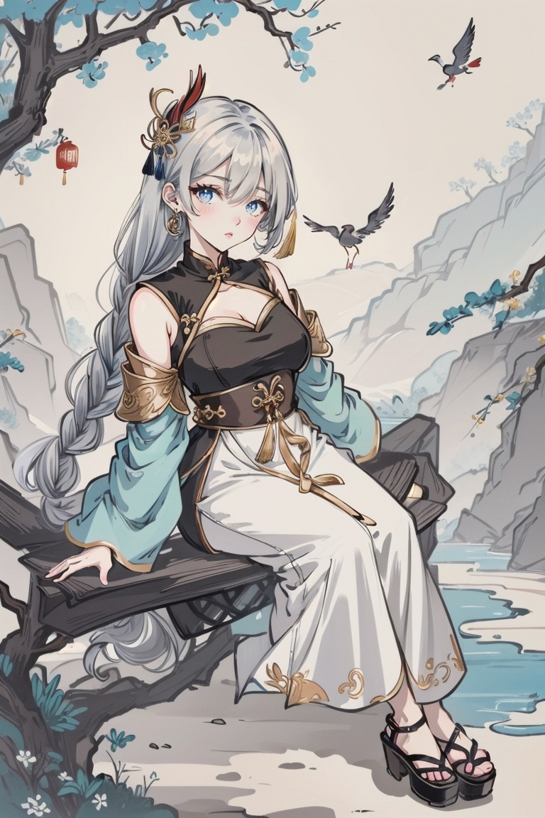 ((HRD, HUD, 8K)),((masterpiece, best quality)), highly detailed,YuanShen, 1girl, shenhe (genshin impact), bird, long hair, tassel earrings, tassel, branch, solo, braid, in tree, sitting, tree, blue eyes, hair ornament, jewelry, looking at viewer, earrings, very long hair, white hair, sitting in tree, crane (animal), bangs, wide sleeves, braided ponytail, sleeves past wrists, long sleeves, chinese clothes, closed mouth, detached sleeves, full body, breast curtain, blush, hair over one eye, breasts, grey hair, clothing cutout, <lora:20240318-1710771192163:0.8>