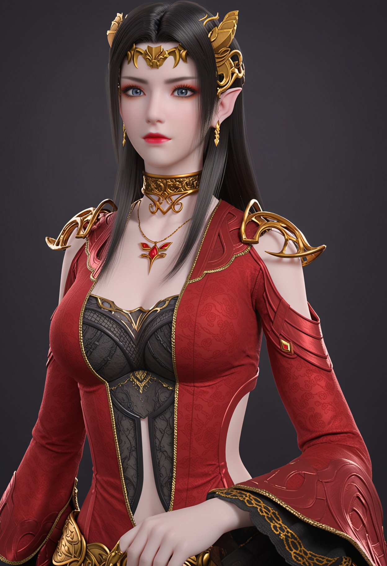 (looking_at_viewer:1.2),(upper_body:1.2),<lora:YQ_pony_meidusha_V7:0.8>,solo,1girl,q1528437228,long hair,black hair,jewelry,hair ornament,earrings,dress,red dress,necklace,blue eyes,collar,metal collar,brown hair,high heels,red footwear,circlet,armor,red jacket,cleavage,(simple background,pure black background,black background:1.1),perfect_anatomy,