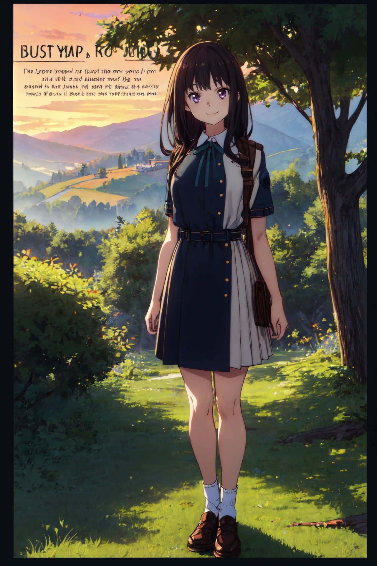 1girl,looking at viewer,solo,black hair,long hair,purple eyes,ribbon,green ribbon,neck ribbon,lycoris uniform,dress,blue dress,two-tone dress,belt,collared shirt,shirt,grey dress,white shirt,socks,black socks,loafers,brown footwear,<lora:takina>,takina_CYQL,(crazy_smile,on side,bust,from_below:1.1),beautiful face,beautiful eyes,glossy skin,shiny skin,Tuscany hills, Sunrise, Hike, Nature, Serenity,Bluebells, Ferns, Oak trees, Fresh green leaves, Dappled sunlight, Woodland animals,beautiful detailed sky,beautiful detailed glow,(movie poster:1.2),(border:1.3),(English text:1.4),posing in front of a colorful and dynamic background,masterpiece,best quality,beautiful and aesthetic,contrapposto,female focus,wallpaper,fashion,<lora:增强减少细节add_detail:0.4>,