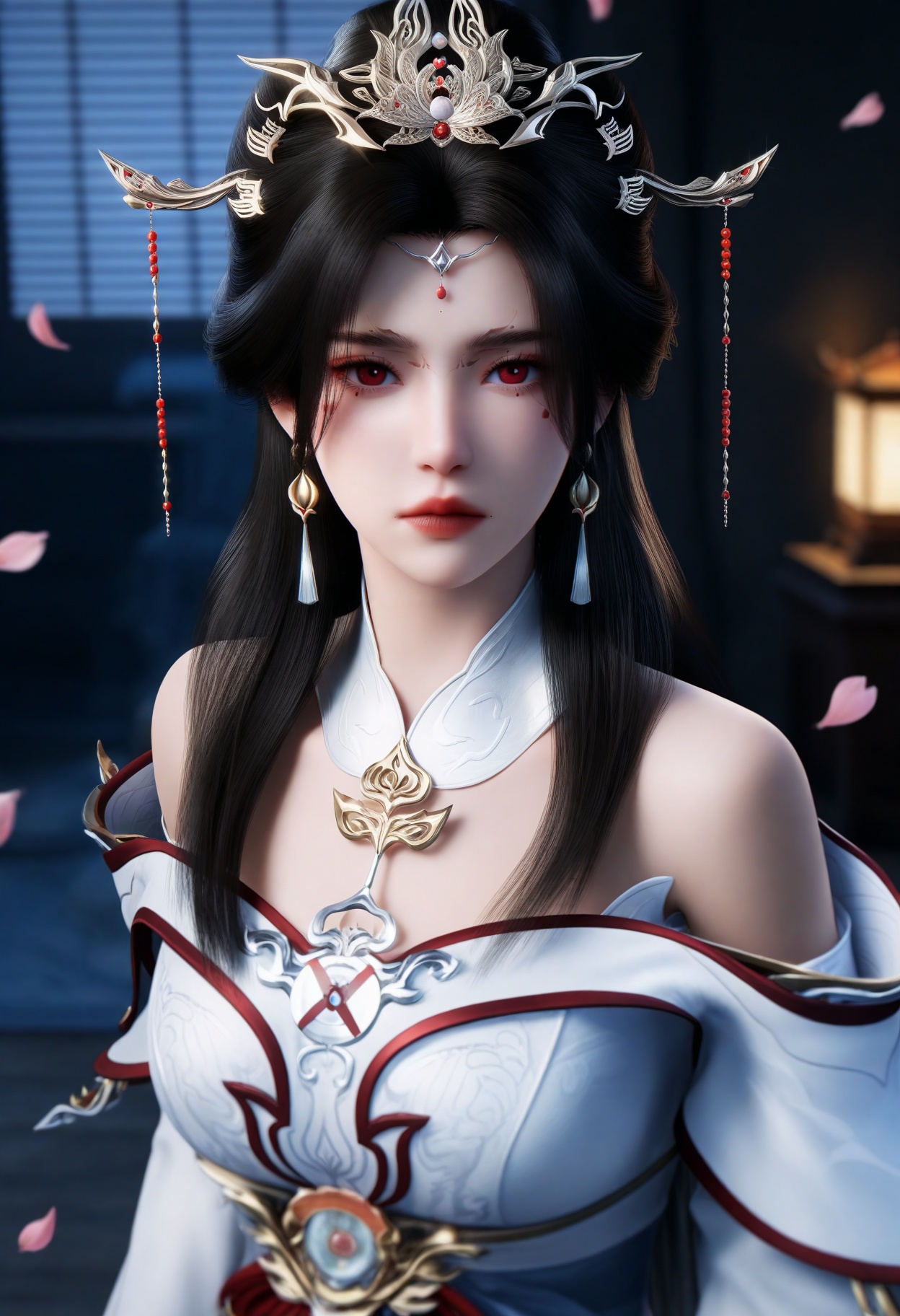 masterpiece,best quality,amazing quality,very aesthetic,high resolution,ultra-detailed,absurdres,scenery,photorealistic,(looking at viewer:1.1),upper body,(Dark room:1.3),(moody lighting:1.1),peach blossom,falling petals,(large breasts:0.8),yaoxixue,1girl,solo,long hair,black hair,jewelry,hair ornament,earrings,dress,bare shoulders,white dress,closed mouth,red eyes,tiara,facial mark,long sleeves,detached collar,expressionless,forehead mark,hair bun,white footwear BREAK photorealistic details,<lora:QQSillyaoxixueV1:0.8>,