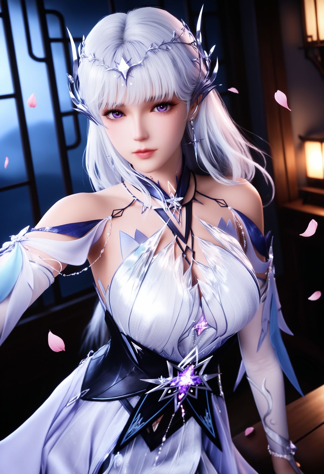 masterpiece,best quality,amazing quality,high resolution,ultra-detailed,absurdres,high res,8K,(looking at viewer:1.1),upper body,(Dark room:1.3),(moody lighting:1.1),peach blossom,falling petals,(large breasts:0.8),shengcaiersj,1girl,solo,long hair,hair ornament,dress,white hair,bare shoulders,purple eyes,white dress,jewelry,realistic,earrings,detached sleeves,high_heels BREAK photorealistic details,<lora:QQSillshengcaiersjV1:0.8>,