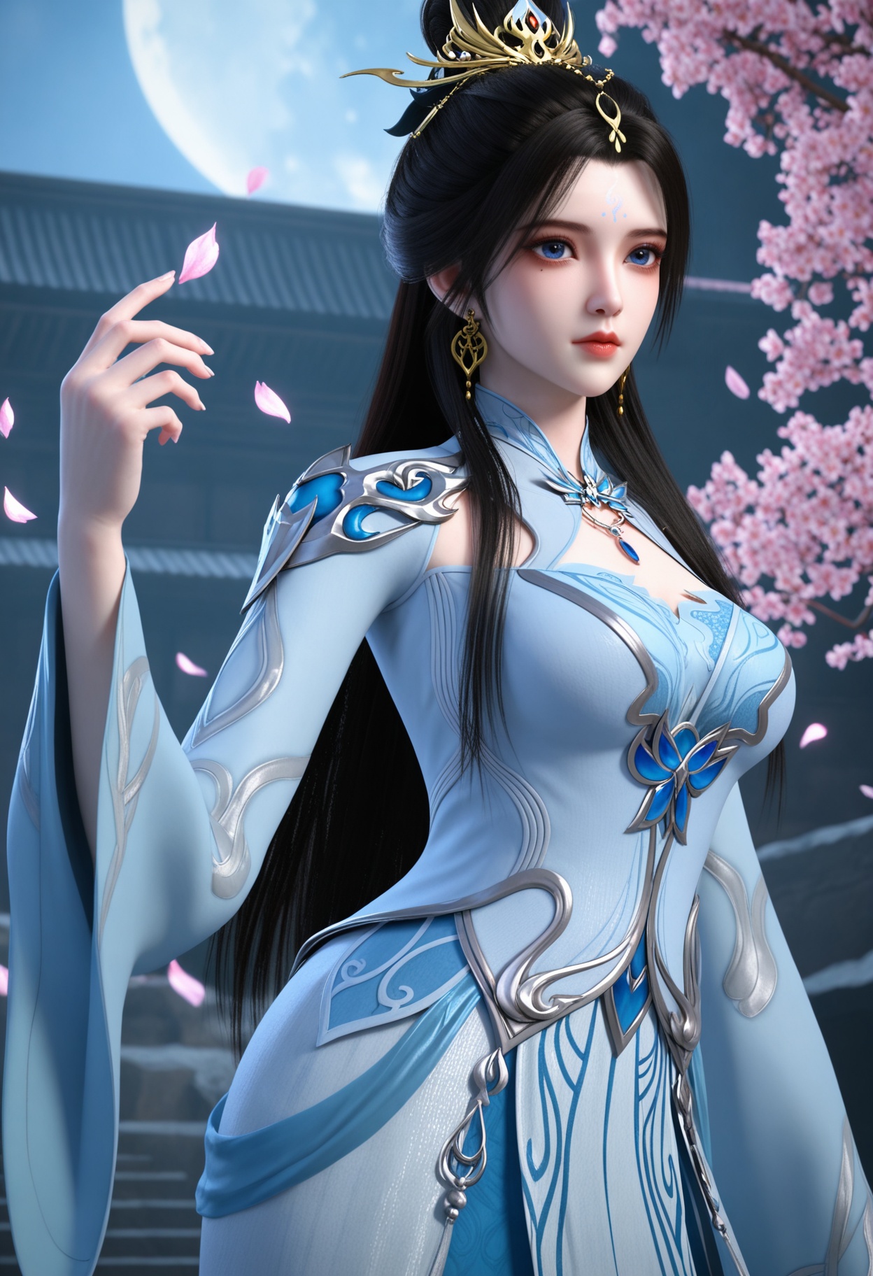 (cowboy shot:1.2),(looking at viewer:1.1),masterpiece,(best quality),smog,Dark room,dim lighting,peach blossom,falling petals,<lora:YQ_Illustrious光辉v5_姬凝霜_服装2_V1:0.8>,q1528437228,1girl,solo,long hair,hair ornament,black hair,jewelry,earrings,dress,blue eyes,forehead mark,hair bun,white dress,chinese clothes,long sleeves,blue dress,brown hair,single hair bun,necklace,wide sleeves,mole,collar,mole under eye,boots,