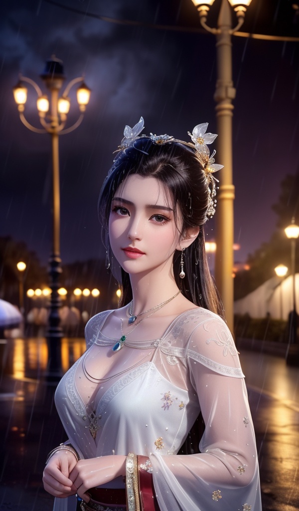 <lora:638-DA-暗河传-白鹤淮-妇人:0.8>(,1girl, ,best quality, ),looking at viewer, ,ultra detailed 8k cg, ultra detailed background,  ultra realistic 8k cg,          cinematic lighting, cinematic bloom, (( , )),,  , unreal, science fiction,  luxury, jewelry, diamond, pearl, gem, sapphire, ruby, emerald, intricate detail, delicate pattern, charming, alluring, seductive, erotic, enchanting, hair ornament, necklace, earrings, bracelet, armlet,halo,masterpiece, (( , )),,  ,cherry blossoms,(((, night,night sky,lamppost,  ultra high res, (photorealistic:1.4), raw photo, 1girl, , rain, sweat, ,wet, )))(( , ))   (cleavage), (),