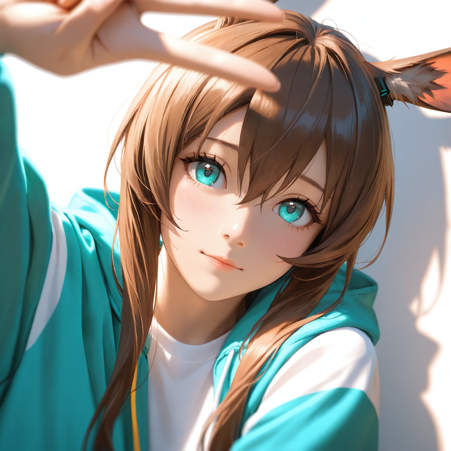 realistic,2.5D,photorealistic,1girl,amiya \(arknights\),shadow,light rays,close-up,arknights,animal ear fluff,animal ears,aqua eyes,aqua hoodie,brown hair,closed mouth,hair between eyes,hood,hoodie,light blush,long hair,looking at viewer,multicolored clothes,multicolored hoodie,rabbit ears,rabbit girl,shirt,simple background,solo,upper body,v,white background,white shirt,sunlight,colorful,(best shadow:1.21),golden hour lighting,(Depth of field:1.21),beautiful detailed glow,cosplay,sunbeam,very awa hime \(style\),long sleeves,sunlight,masterpiece,masterpiece,best quality,newest,cosplay photo,highres,absurdres,
