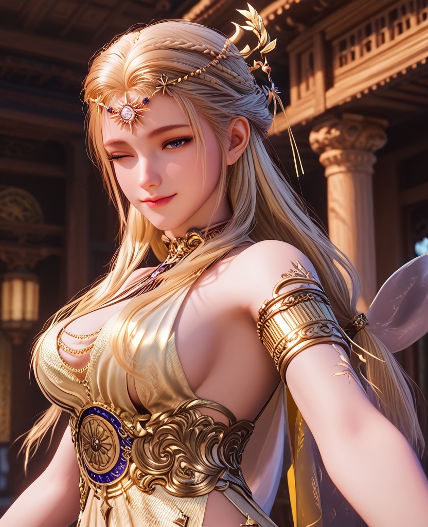 (oriental architecture, elegant decor, sophisticated style:1.1),(toe-point:1.1),Naughty, A mischievous grin, a wink, and a playful attitude,(large breasts:1.2),<lora:XL16永劫无间席拉:0.95>,miss xila,light yellow high-low dress,blue eyes,circlet,blonde hair,braid,long hair,sash,jewelry,armlet,golden tattoo of holy seal,, score_9,score_8_up,score_7_up,score_6_up,score_5_up,score_4_up,3d rendering,tag1,tag2, Cinematic Lighting,backlighting,