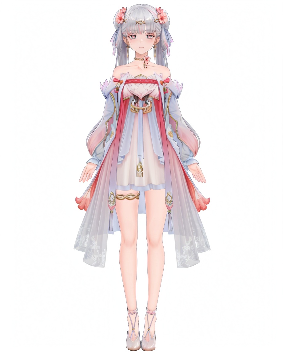 8k,best quality,masterpiece,(ultra-detailed),(high detailed skin),(by nanoless, by misumi \(macaroni\),:0.5),A full-body portrait of a young girl,standing gracefully,pastel art style,high-key lighting,shoujo manga influence,hd quality,delicate details,full body,full shot,standing,looking at viewer,(solo:1.2),simple background,white background,<lora:jxnew-sd-Tanger:0.8>,jinhsi,jinhsi \(peach blossom\) \(wuthering waves\),(clothes:peach blossom pink dress,alternate costume,bare shoulders:1.2),flower-shaped pupils,1girl,hair ornament,hair flower,twintails,bangs,jewelry,very long hair,