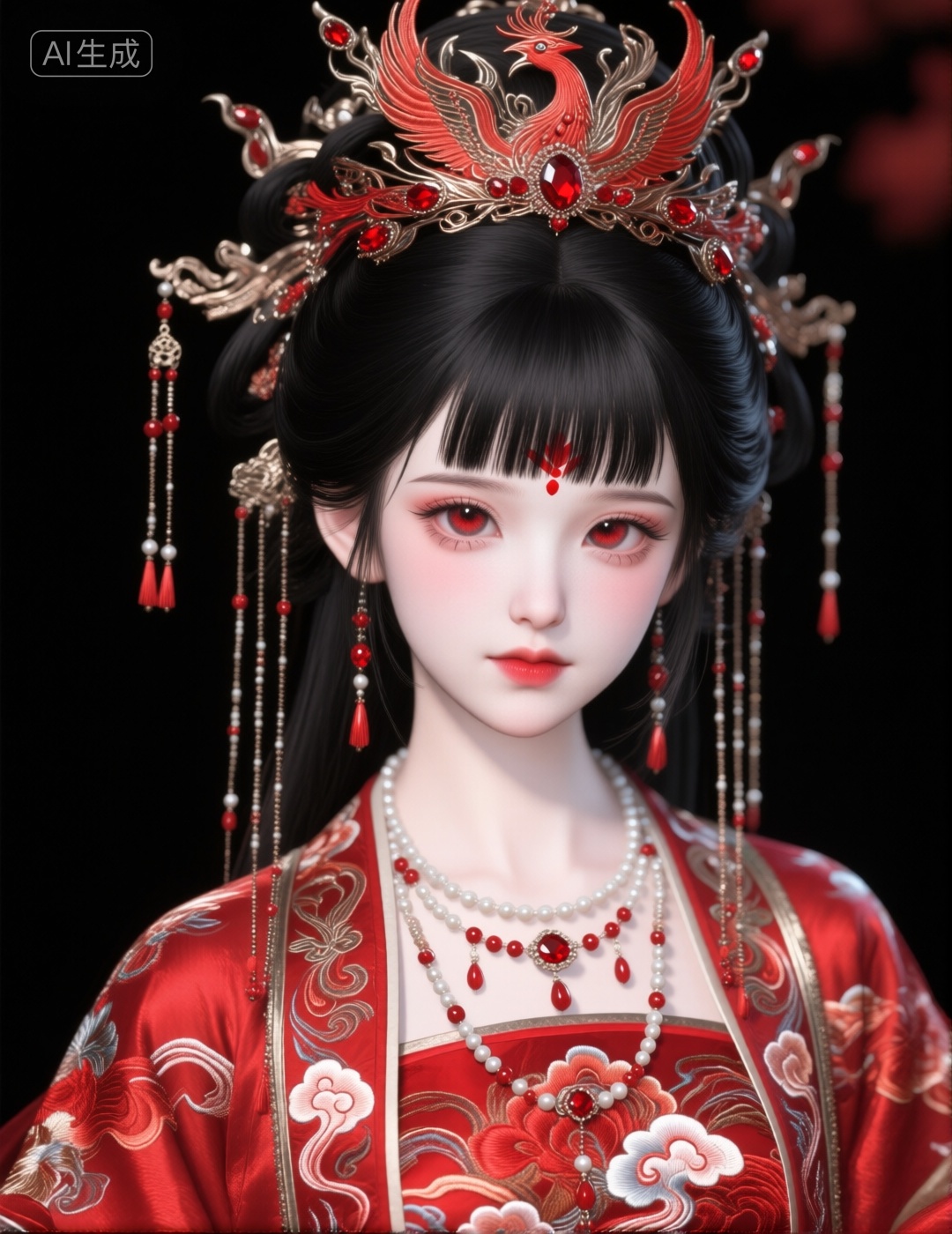 黑发齐刘海少女,  佩戴红色宝石流苏凤冠,  眉心点朱砂 by 小狗宾利 on Tensor.Art