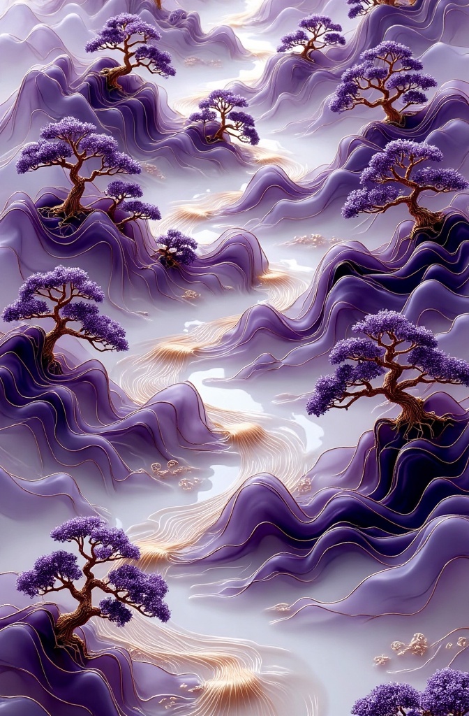 qinghua,qinghua This is a digital artwork depicting a serene, ethereal landscape with winding streams and rolling hills. Majestic, purple-leafed trees dot the scene, with soft, flowing lines suggesting water and mist. The color palette is dominated by purples, golds, and whites, creating a dreamy, otherworldly atmosphere. The style is reminiscent of traditional East Asian ink wash painting. 