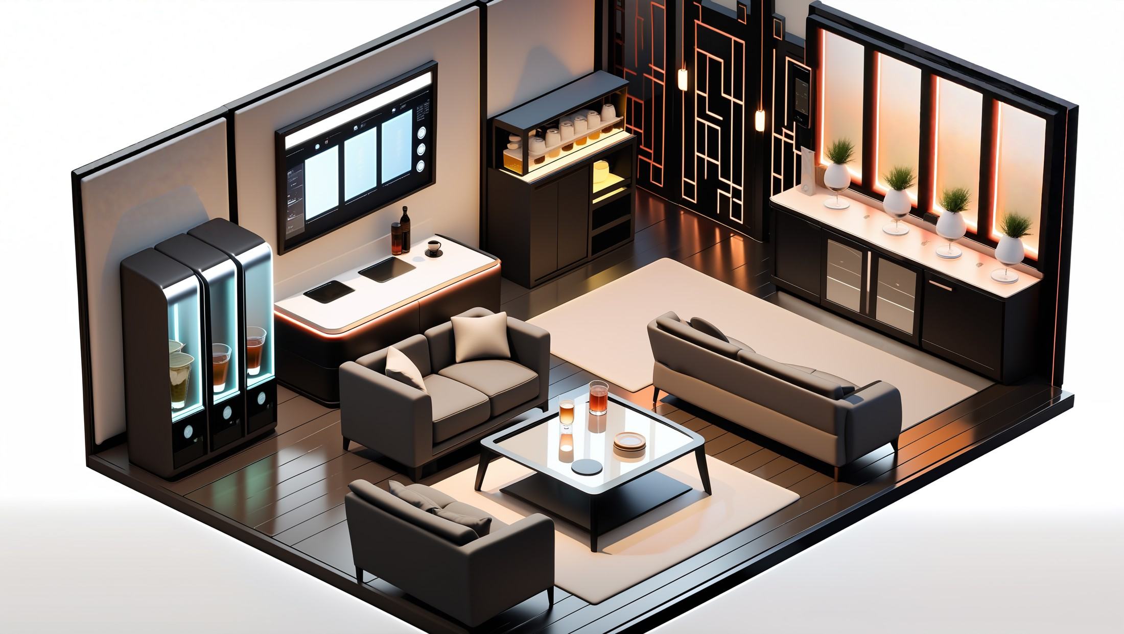 masterpiece,best quality,<lora:gamebg:0.5>,3d,white background,room-style,smooth white and silver tiles,LED strips,metal and glass walls,dynamic holographic projections,large smart glass windows,built-in LED lights,large round table,transparent touch glass surface,control panel,floating chairs,high-tech tea art robot,mechanical arms,soft lighting effects,transparent tea cabinets,various teas,tea sets,independent temperature and humidity control system,modern water dispenser,multiple water temperature options,comfortable low sofas,round tea tables,small projection device,smart lights,adjustable brightness and color,