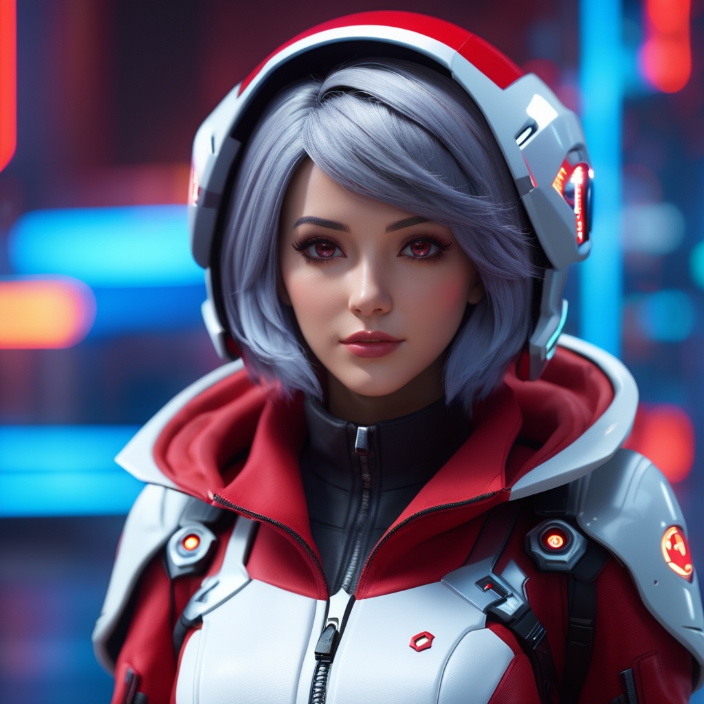 professional 3d model The image showcases a female character with a futuristic appearance. She has silver-gray hair with hints of red,and her eyes are a captivating shade of red. She's wearing a white helmet with antennas,and her attire consists of a white jacket with red accents,including a circular emblem on her chest. The background is a blend of neon lights,suggesting a cyberpunk or futuristic setting.,<lora:JA-000010:0.8>, . octane render, highly detailed, volumetric, dramatic lighting