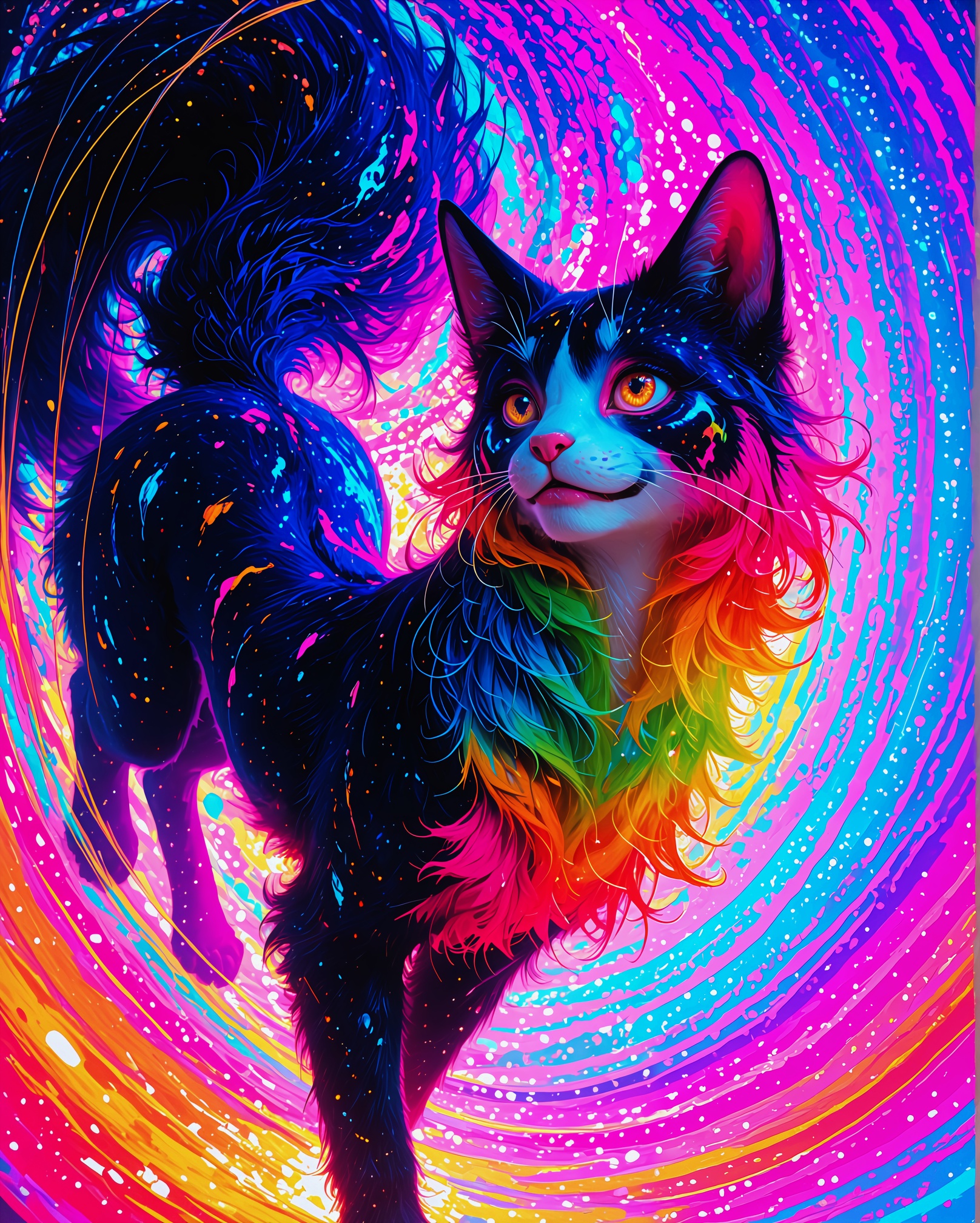 1cat,  multicolored fur,  vibrant rainbow fur pattern on Tensor.Art