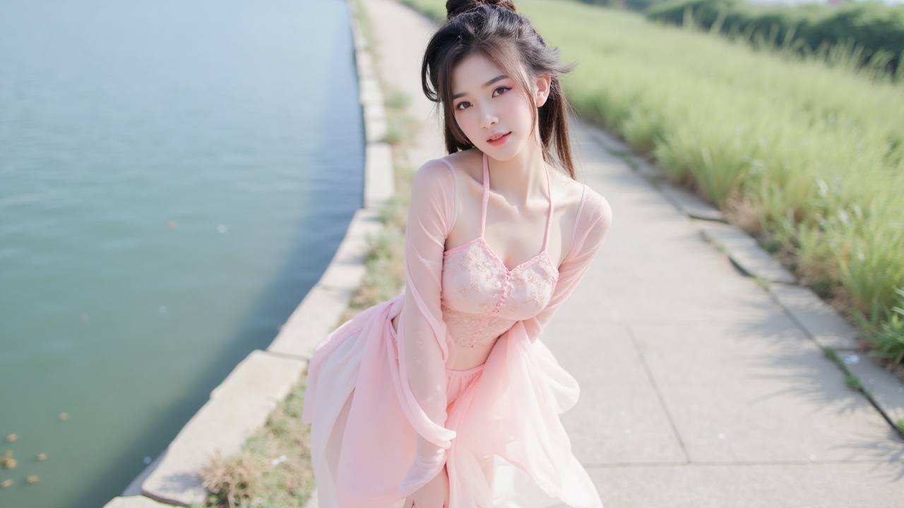 A sexy Chinese woman dressed in a transparent,A sexy Chinese woman dressed in a transparent, light-colored Hanfu, a beautiful young girl standing by the river.