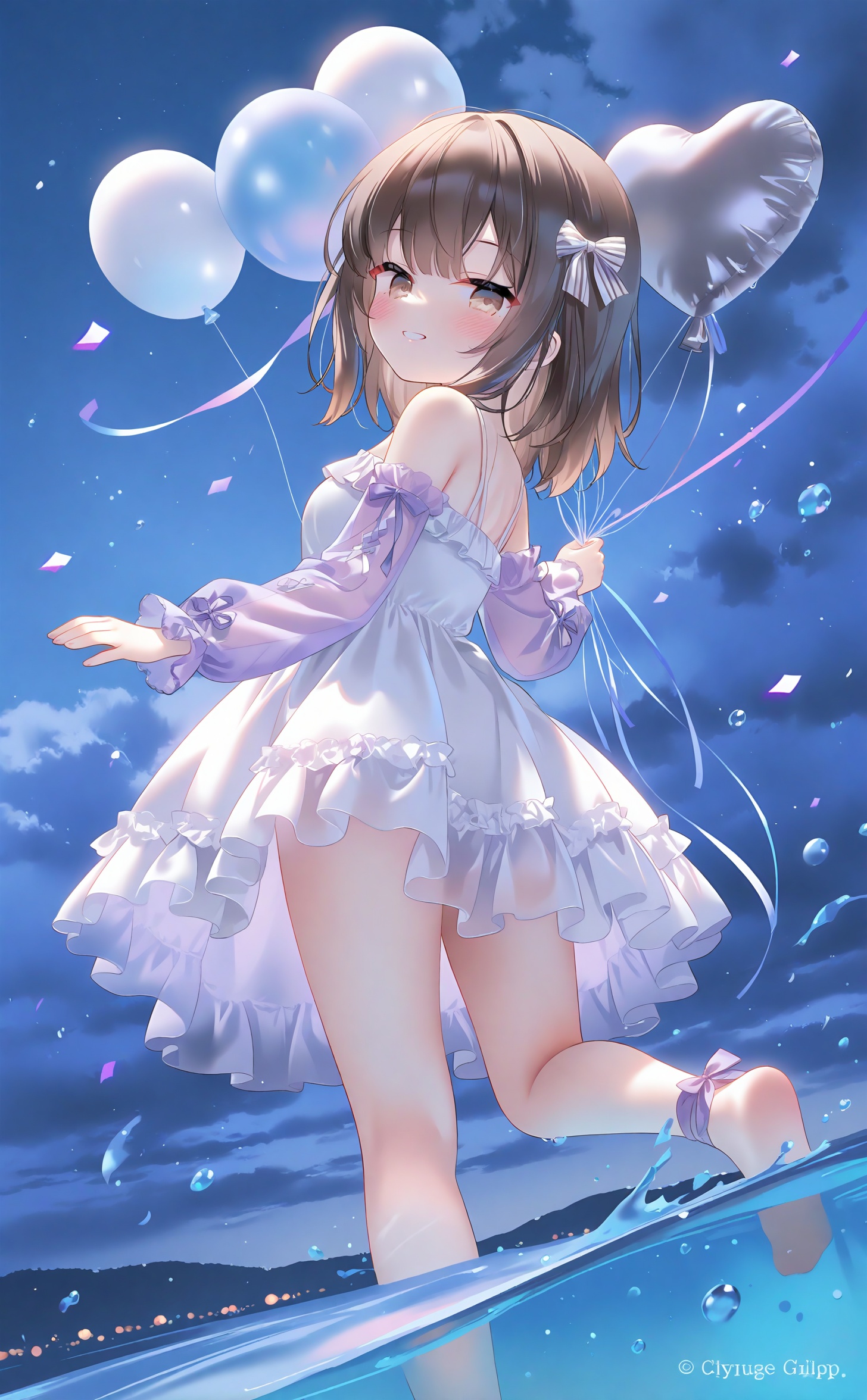 masterpiece,absurdres,best quality,high quality,chromatic_aberration,night,darkness,black theme,photorealistic,high contrast,high saturation,loli,loli,loli,//,1girl, balloon, sample watermark, solo, brown hair, sky, looking at viewer, dress, smile, from below, blue sky, purple ribbon, detached sleeves, brown eyes, see-through sleeves, purple bow, white sleeves, watermark, outdoors, cloud, bow, water, feet out of frame, wading, ribbon, looking back, barefoot, purple sleeves, from behind, hair bow, streamers, day, purple dress, confetti, bare shoulders, leg ribbon, swimsuit, hair ornament, long sleeves, short hair, ocean, medium hair, outstretched hand, open hand, see-through, bare legs, white dress, puffy sleeves, standing on one leg, standing, eyelashes, foot out of frame, breasts, dutch angle, frills, puffy long sleeves, outstretched arm, water drop, closed mouth, holding balloon, dress bow, white bow, sleeve bow, parted lips, striped clothes, sleeve ribbon, heart balloon, splashing, summer, see-through dress, medium breasts, short dress, grin, floating clothes, teeth, frilled dress, hair ribbon, official alternate costume, leg up, blue ribbon, light blush, english text, looking down, sleeveless, sleeveless dress, jewelry, turning head, two-tone bow, ankle ribbon, vertical-striped clothes, cloudy sky, bikini<lora:Nai4 gzc:1>,
