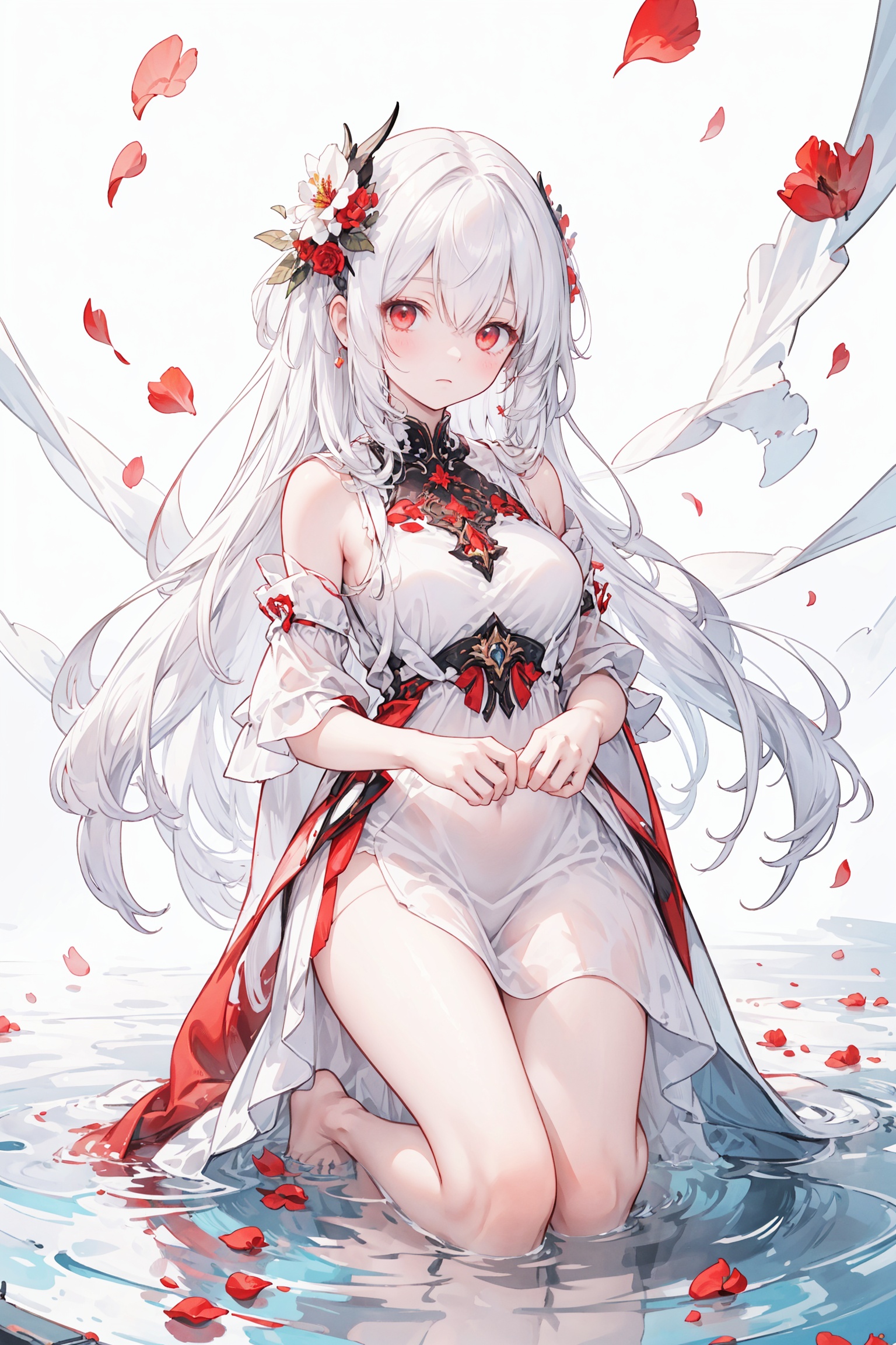 1girl, red eyes, white long translucent night gown, expressionless, (white hair), hair cover one eye, long hair, red hair flower, kneeling on lake, blood, (plenty of red petals:1.35), (white background:1.5), (English text), Highest picture quality, masterpiece, exquisite CG, exquisite and complicated hair accessories, big watery eyes, highlights, natural light, Super realistic, cinematic lighting texture, absolutely beautiful,（Show whole body）, （all body）,