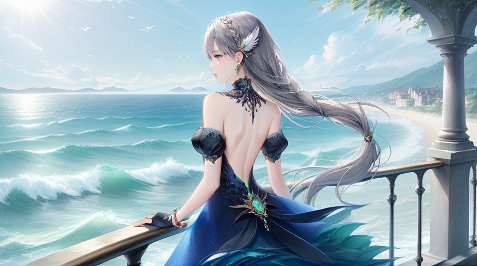 (best quality), ((masterpiece)), (highres), illustration, original, extremely detailed,<lora:DDCXL:0.7>multiple girls, 2girls, dress, feathers, gem, jewelry, gloves, from behind, black hair, ocean, feather hair ornament, bird, braid, long hair, holding hands, hair ornament, railing, bare shoulders, water, back, black gloves, bracelet, outdoors, bare back, single braid, backless outfit, waves, black bra, earrings, puffy sleeves, day, backless dress, standing, fingerless gloves, animal, blue eyes, blue dress, black dress, shoulder armor, green gemstone, white feathers, shore, profile, armor, horizon, sleeveless dress, sunlight, shoulder blades, bra, short sleeves, grey hair, very long hair, artist name